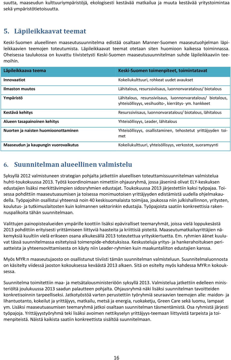 Läpileikkaavat teemat otetaan siten huomioon kaikessa toiminnassa. Oheisessa taulukossa on kuvattu tiivistetysti Keski-Suomen maaseutusuunnitelman suhde läpileikkaaviin teemoihin.