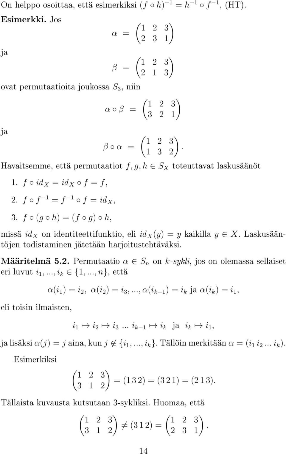 f (g h) = (f g) h, missä id X on identiteettifunktio, eli id X (y) = y kaikilla y X. Laskusääntöjen todistaminen jätetään harjoitustehtäväksi. Määritelmä 5.2.