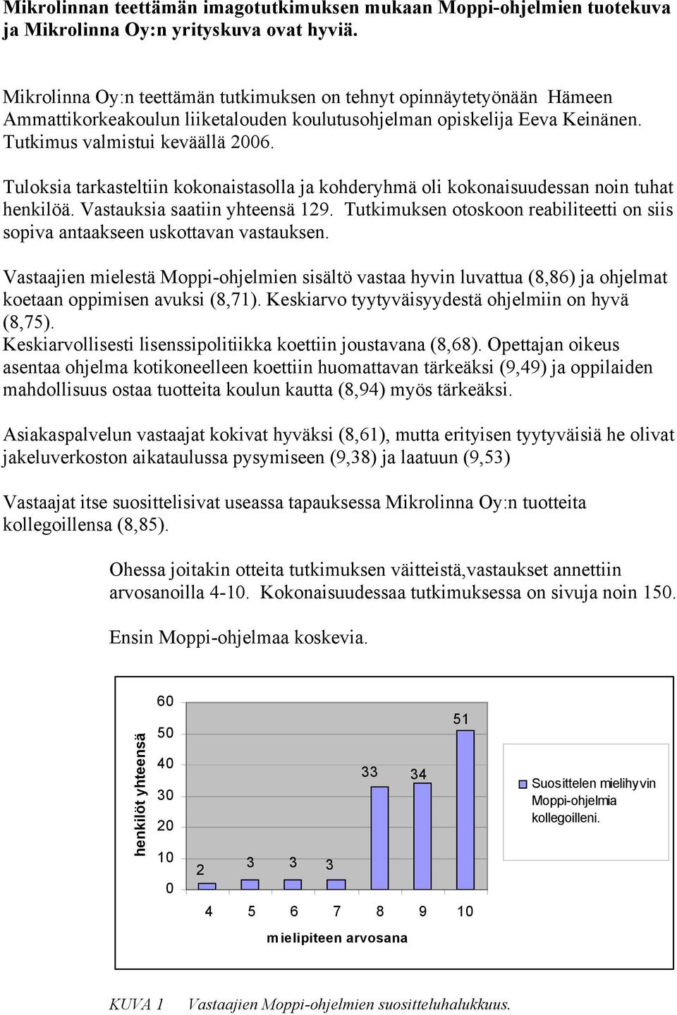 Tuloksia tarkasteltiin kokonaistasolla ja kohderyhmä oli kokonaisuudessan noin tuhat henkilöä. Vastauksia saatiin yhteensä 129.