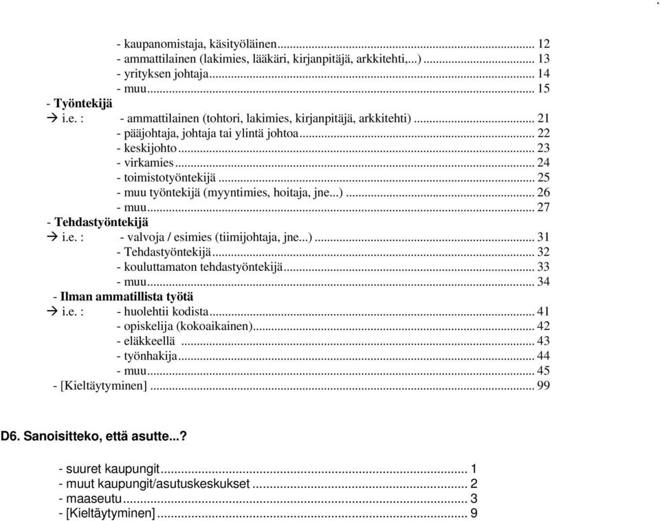 e. : - valvoja / esimies (tiimijohtaja, jne...)... 31 - Tehdastyöntekijä... 32 - kouluttamaton tehdastyöntekijä... 33 - muu... 34 - Ilman ammatillista työtä i.e. : - huolehtii kodista.