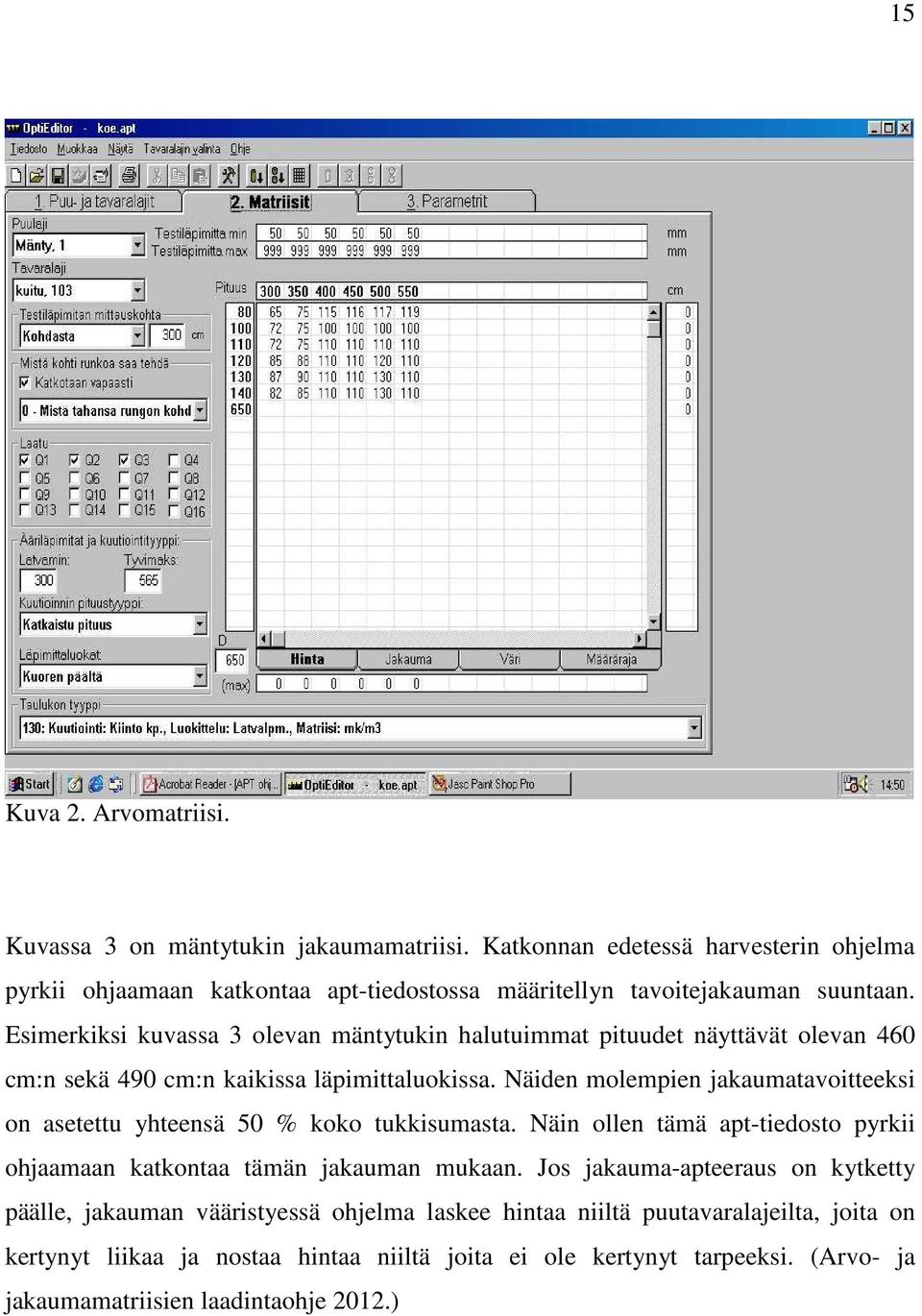 Esimerkiksi kuvassa 3 olevan mäntytukin halutuimmat pituudet näyttävät olevan 460 cm:n sekä 490 cm:n kaikissa läpimittaluokissa.