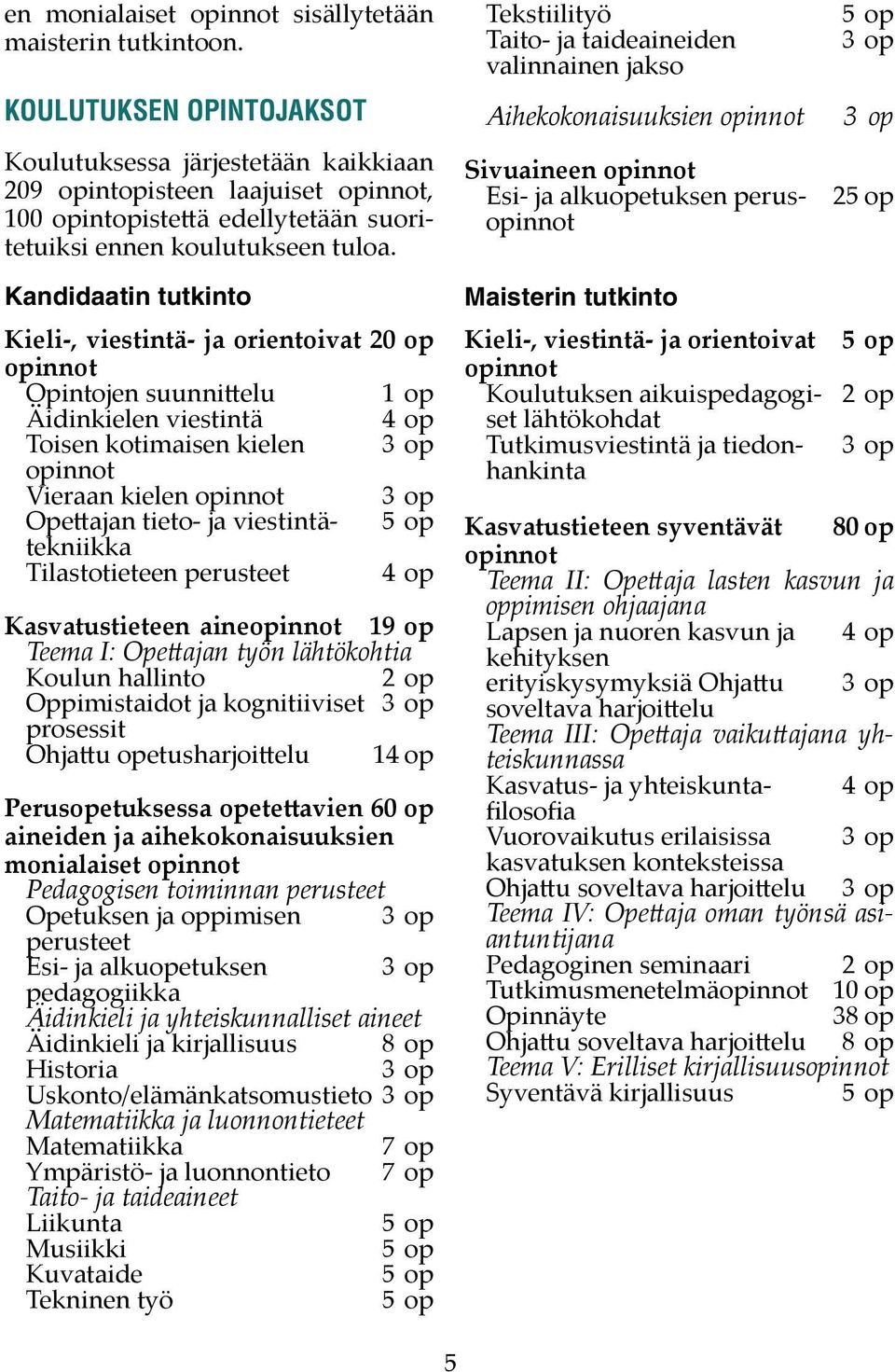 Tekstiilityö Taito- ja taideaineiden valinnainen jakso Aihekokonaisuuksien opinnot Sivuaineen opinnot Esi- ja alkuopetuksen perusopinnot 3 op 3 op 2 Kandidaatin tutkinto Kieli-, viestintä- ja