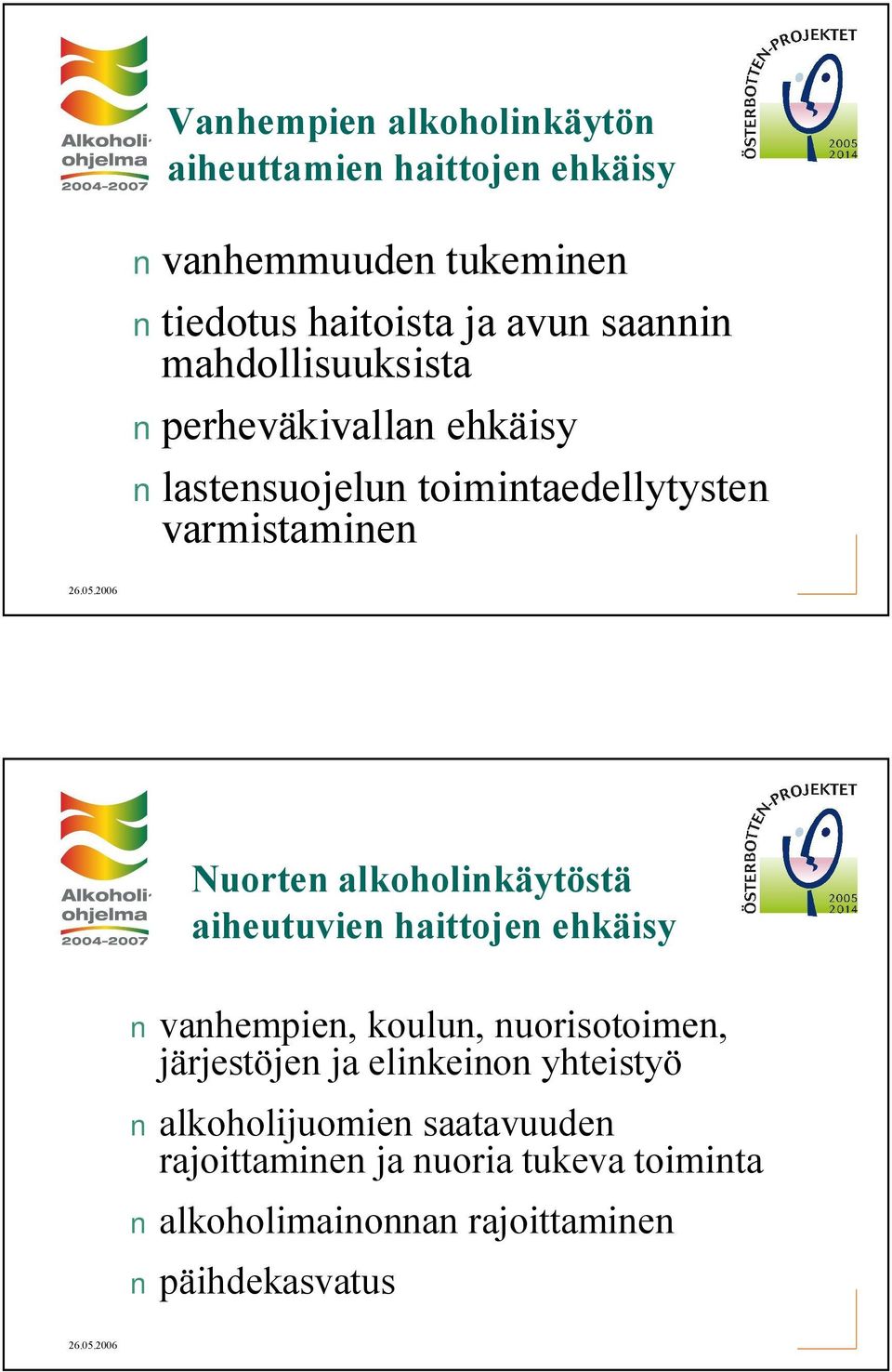 alkoholinkäytöstä aiheutuvien haittojen ehkäisy vanhempien, koulun, nuorisotoimen, järjestöjen ja elinkeinon