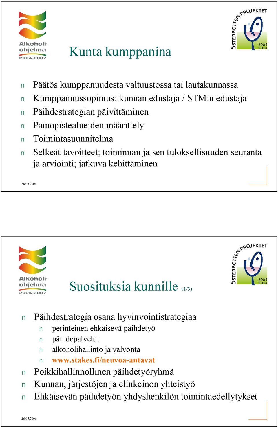 Suosituksia kunnille (1/3) Päihdestrategia osana hyvinvointistrategiaa perinteinen ehkäisevä päihdetyö päihdepalvelut alkoholihallinto ja valvonta www.