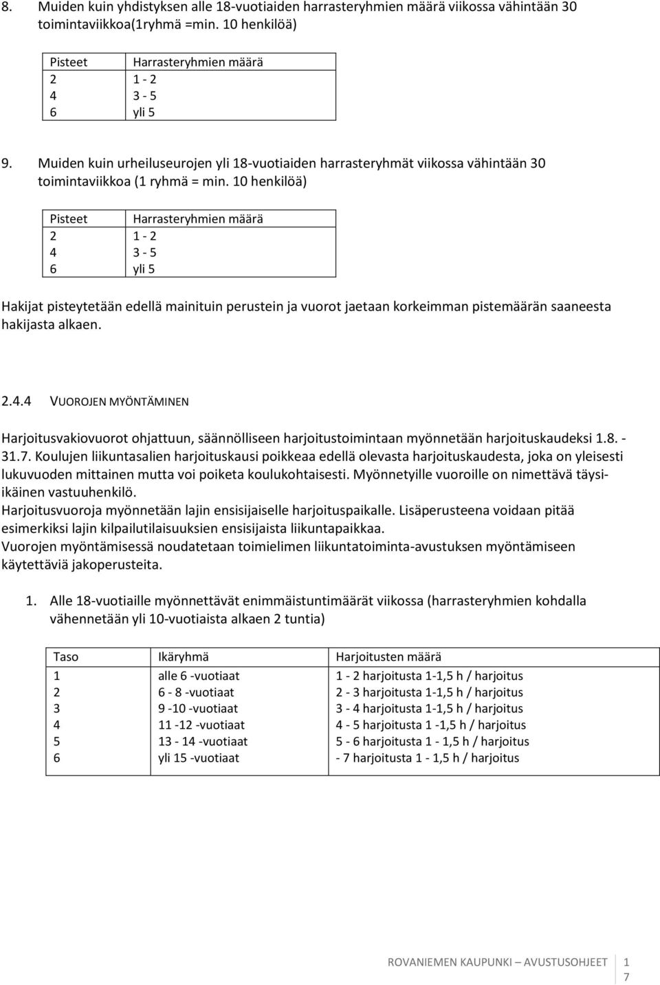 0 henkilöä) Harrasteryhmien määrä - - 5 yli 5 Hakijat pisteytetään edellä mainituin perustein ja vuorot jaetaan korkeimman pistemäärän saaneesta hakijasta alkaen.