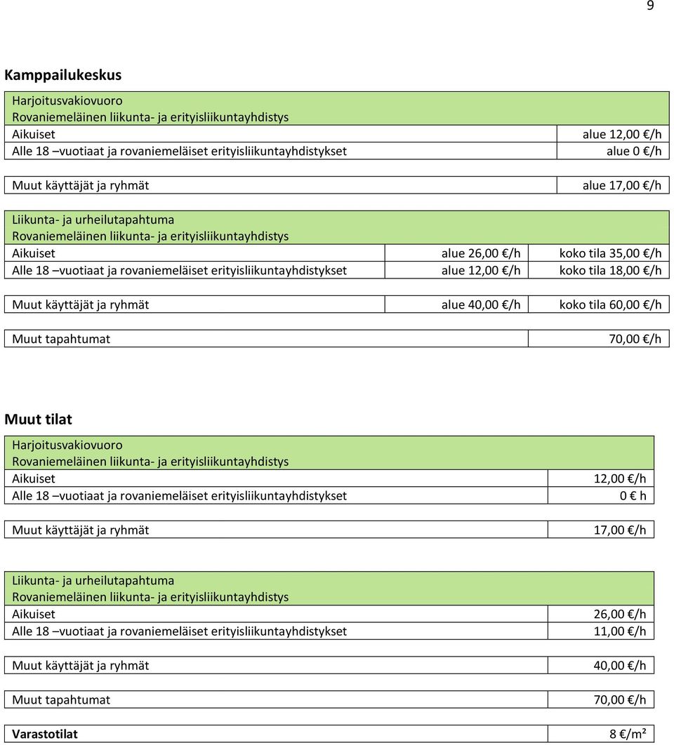 40,00 /h koko tila 60,00 /h 70,00 /h Muut tilat 12,00 /h 0 h