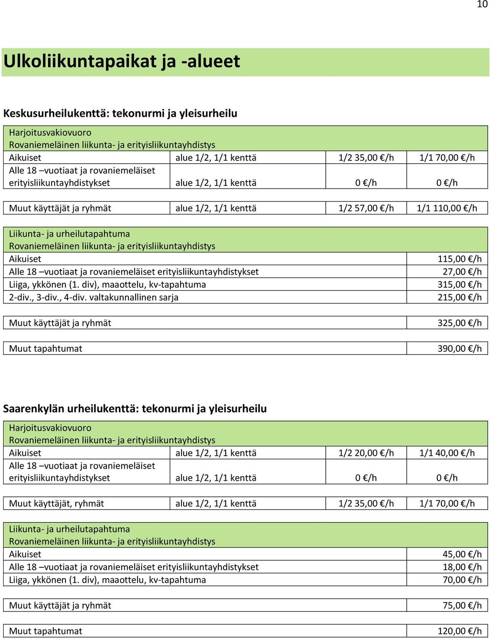 valtakunnallinen sarja 115,00 /h 27,00 /h 315,00 /h 215,00 /h 325,00 /h 390,00 /h Saarenkylän urheilukenttä: tekonurmi ja yleisurheilu alue 1/2, 1/1 kenttä 1/2 20,00 /h 1/1 40,00 /h Alle 18