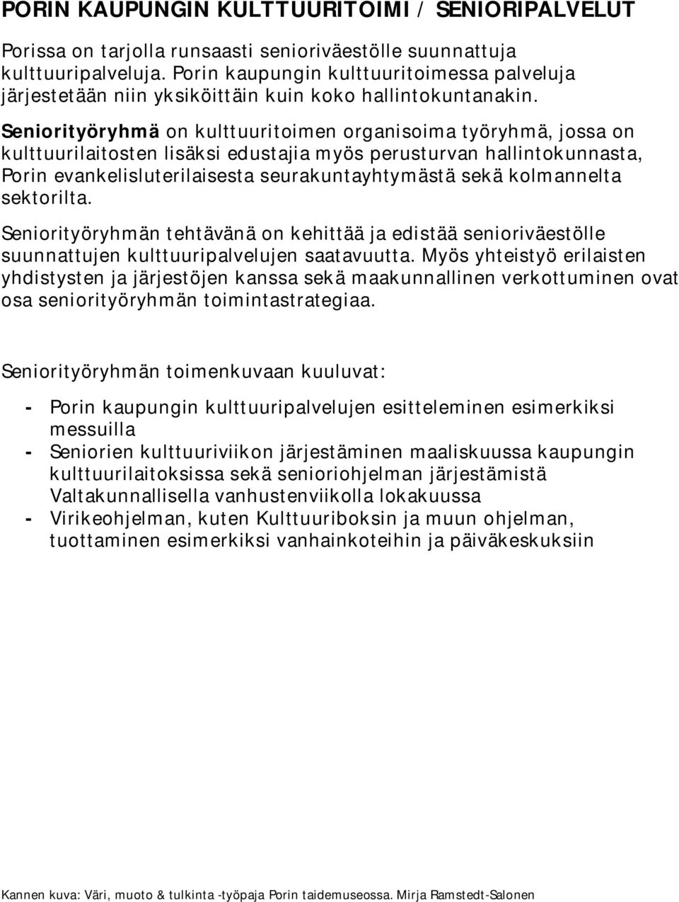 Seniorityöryhmä on kulttuuritoimen organisoima työryhmä, jossa on kulttuurilaitosten lisäksi edustajia myös perusturvan hallintokunnasta, Porin evankelisluterilaisesta seurakuntayhtymästä sekä