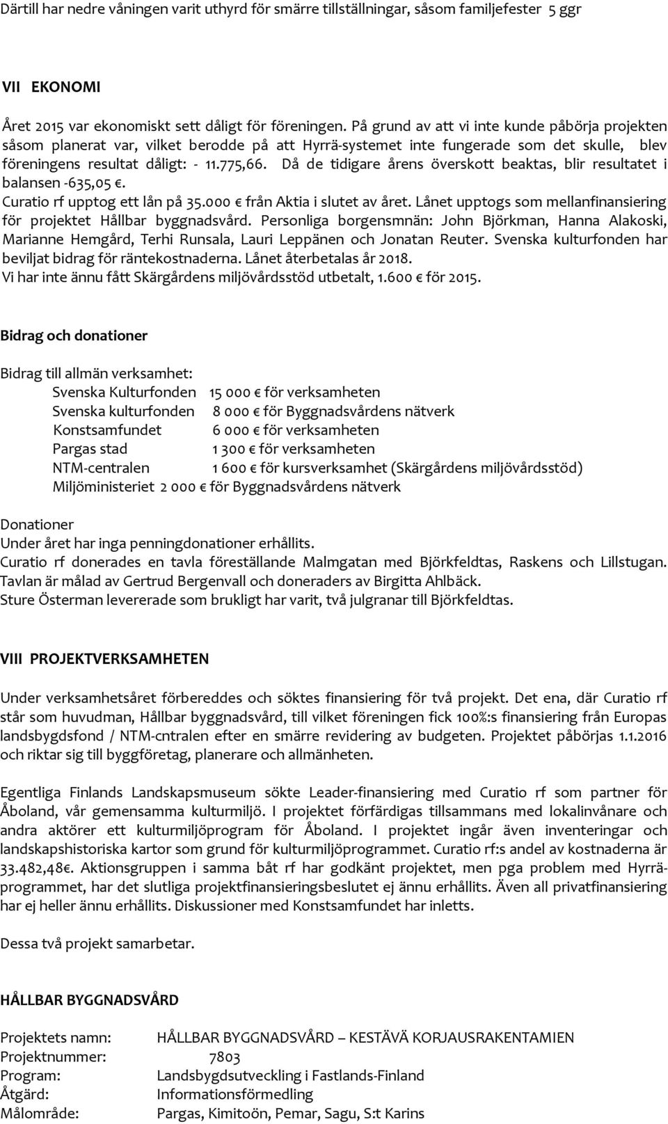 Då de tidigare årens överskott beaktas, blir resultatet i balansen -635,05. Curatio rf upptog ett lån på 35.000 från Aktia i slutet av året.