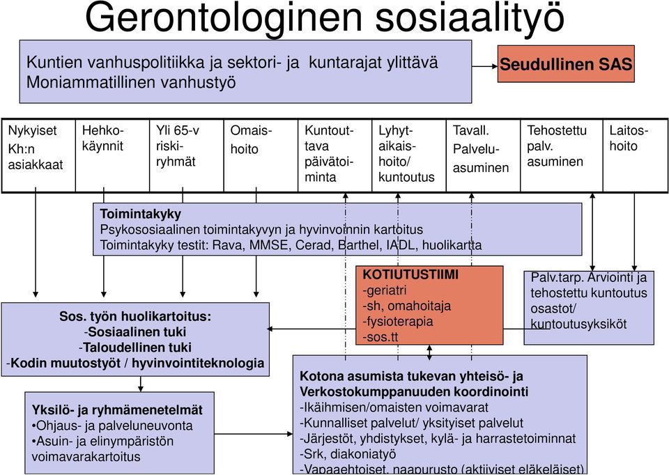 asuminen Palveluasuminen Laitoshoito Toimintakyky Psykososiaalinen toimintakyvyn ja hyvinvoinnin kartoitus Toimintakyky testit: Rava, MMSE, Cerad, Barthel, IADL, huolikartta Sos.