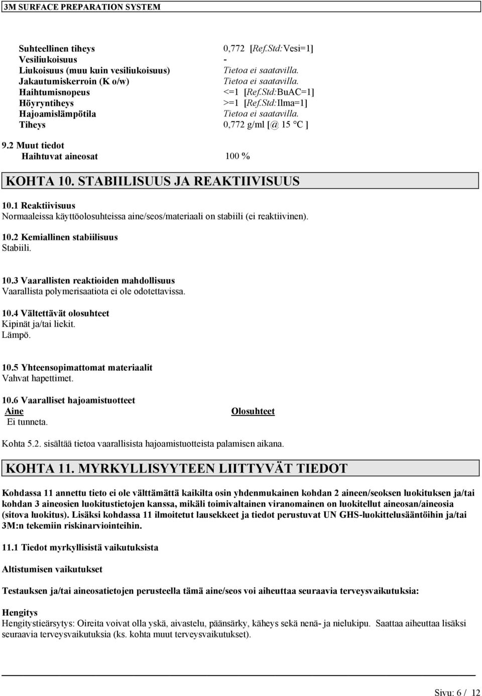 1 Reaktiivisuus Normaaleissa käyttöolosuhteissa aine/seos/materiaali on stabiili (ei reaktiivinen). 10.2 Kemiallinen stabiilisuus Stabiili. 10.3 Vaarallisten reaktioiden mahdollisuus Vaarallista polymerisaatiota ei ole odotettavissa.