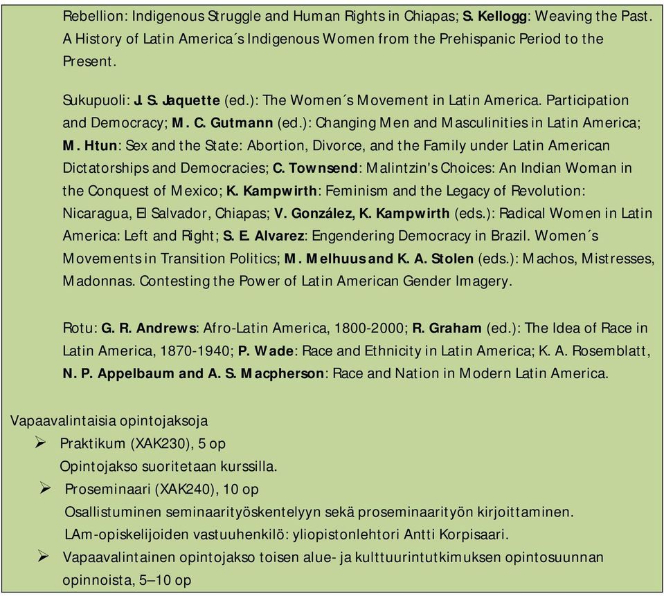 Htun: Sex and the State: Abortion, Divorce, and the Family under Latin American Dictatorships and Democracies; C. Townsend: Malintzin's Choices: An Indian Woman in the Conquest of Mexico; K.