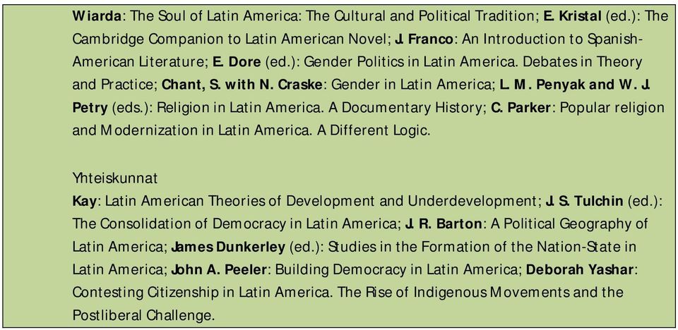 Penyak and W. J. Petry (eds.): Religion in Latin America. A Documentary History; C. Parker: Popular religion and Modernization in Latin America. A Different Logic.