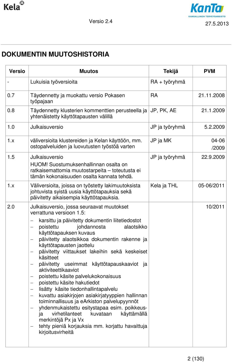 ostopalveluiden ja luovutusten työstöä varten 1.5 Julkaisuversio HUOM! Suostumuksenhallinnan osalta on ratkaisemattomia muutostarpeita toteutusta ei tämän kokonaisuuden osalta kannata tehdä. 1.x Väliversioita, joissa on työstetty lakimuutoksista johtuvista syistä uusia käyttötapauksia sekä päivitetty aikaisempia käyttötapauksia.