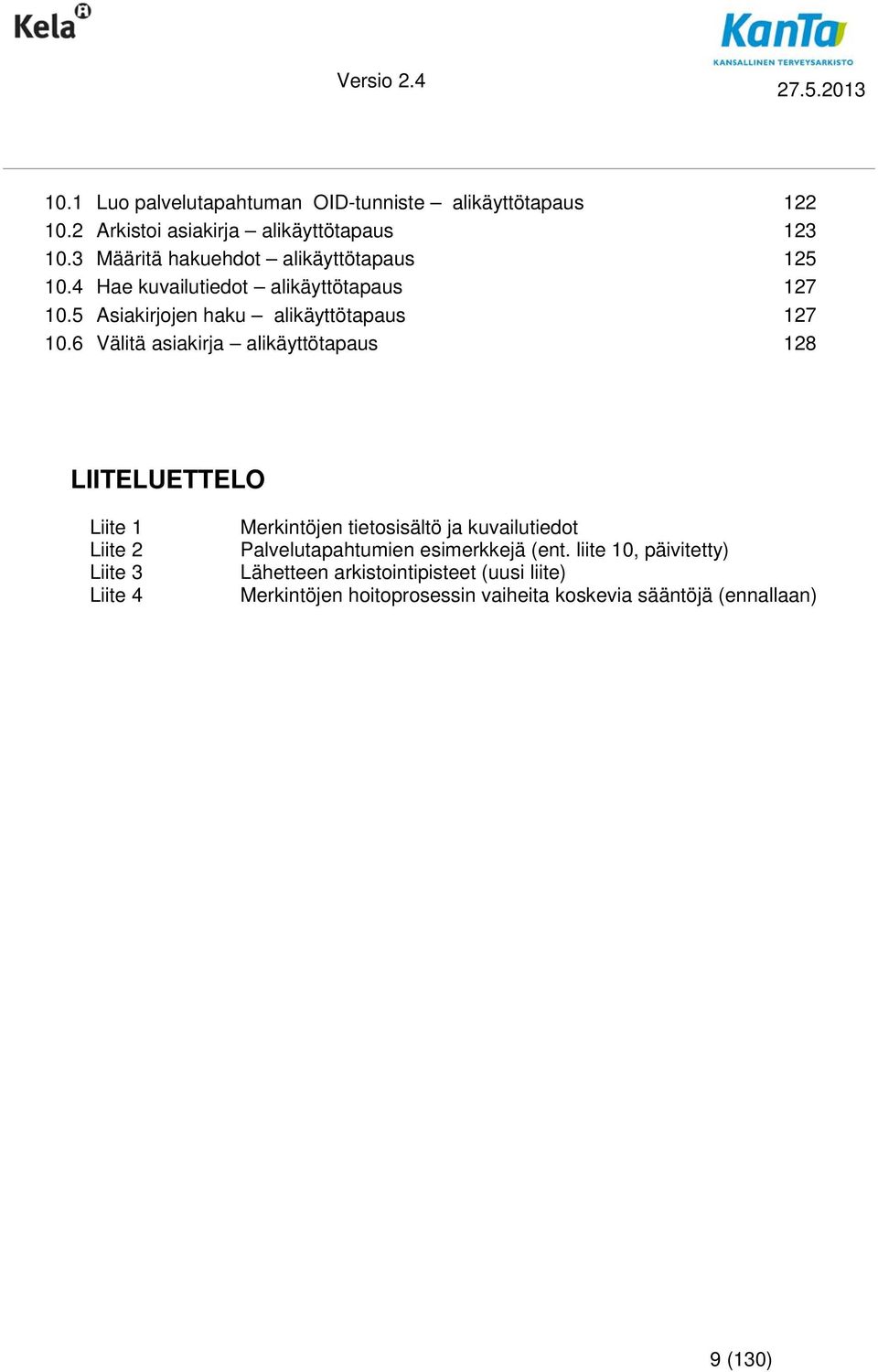 6 Välitä asiakirja alikäyttötapaus 128 LIITELUETTELO Liite 1 Liite 2 Liite 3 Liite 4 Merkintöjen tietosisältö ja kuvailutiedot