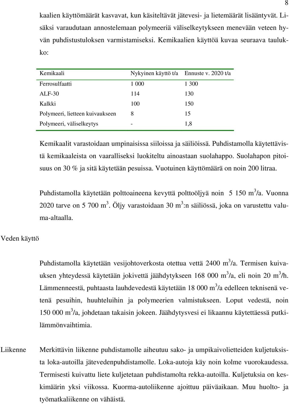 Kemikaalien käyttöä kuvaa seuraava taulukko: Kemikaali Nykyinen käyttö t/a Ennuste v.