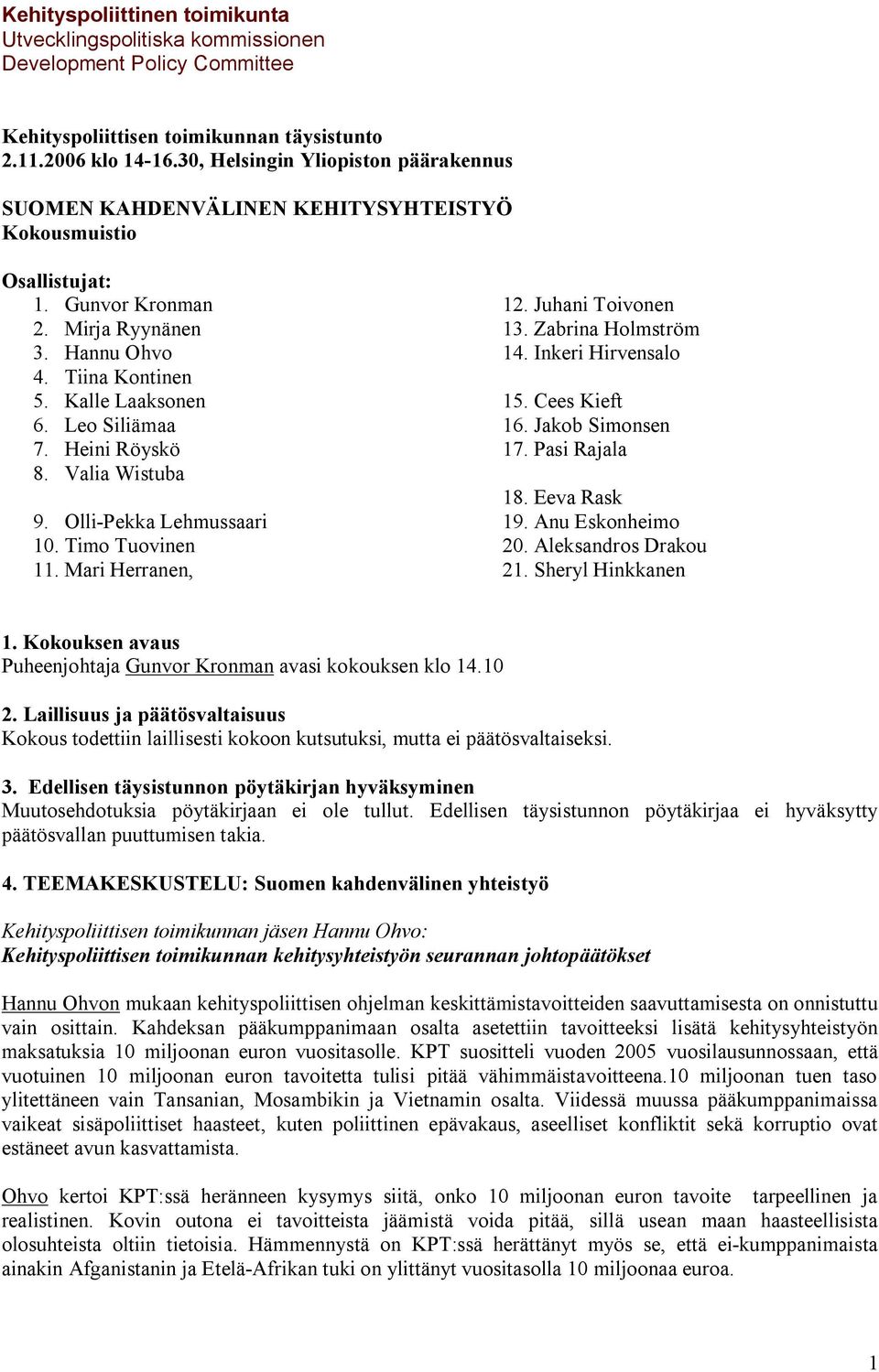 Juhani Toivonen 13. Zabrina Holmström 14. Inkeri Hirvensalo 15. Cees Kieft 16. Jakob Simonsen 17. Pasi Rajala 18. Eeva Rask 19. Anu Eskonheimo 20. Aleksandros Drakou 21. Sheryl Hinkkanen 1.