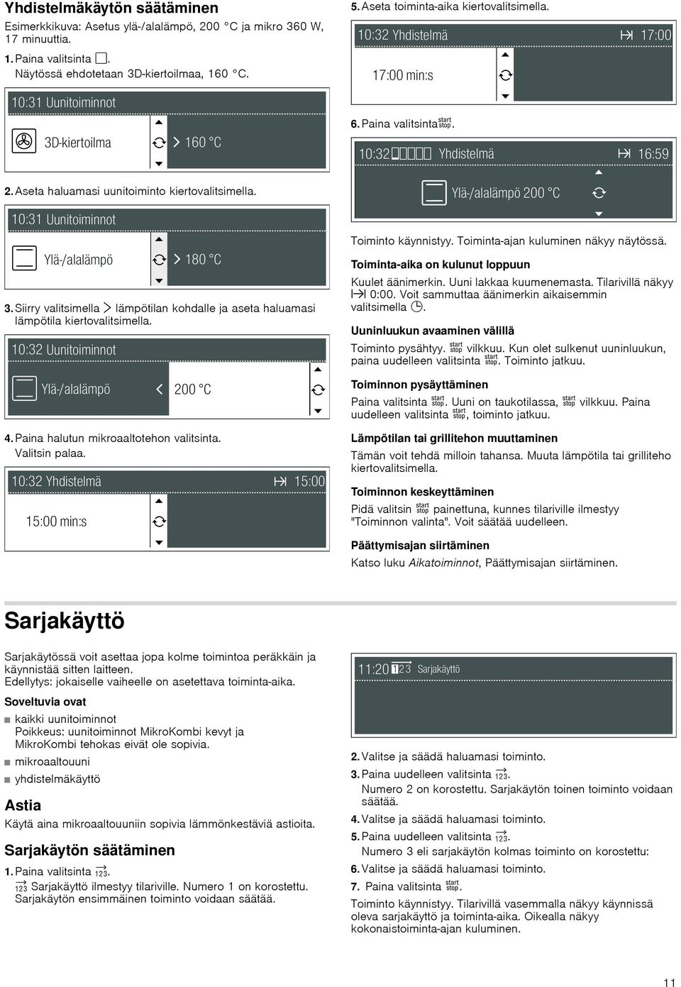 Toiminto käynnistyy. Toiminta-ajan kuluminen näkyy näytössä. Toiminta-aika on kulunut loppuun Kuulet äänimerkin. Uuni lakkaa kuumenemasta. Tilarivillä näkyy x 0:00.