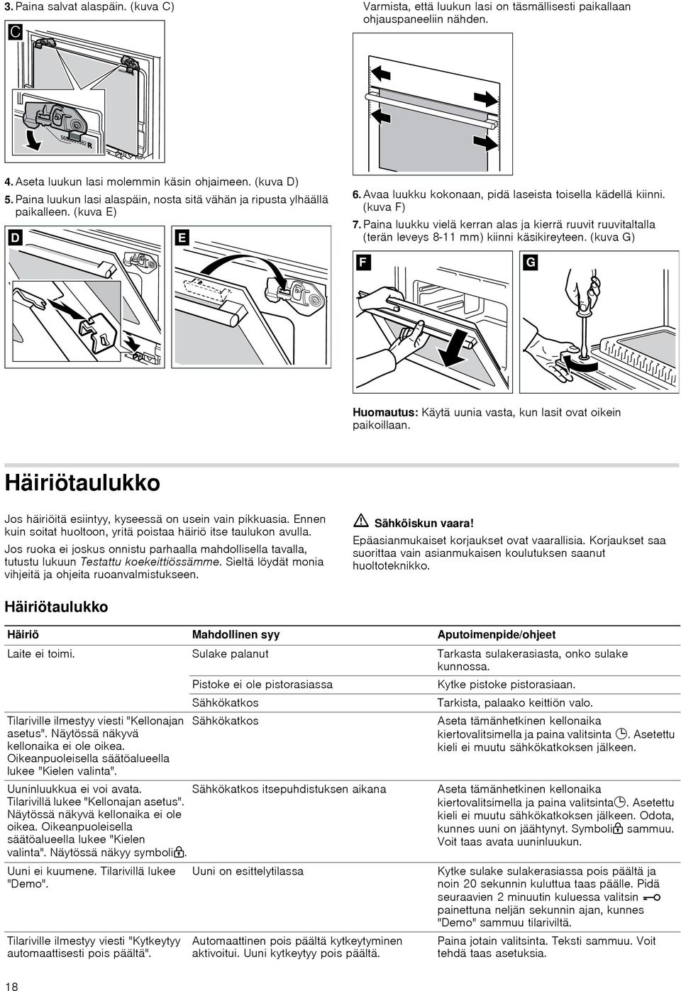 Paina luukku vielä kerran alas ja kierrä ruuvit ruuvitaltalla (terän leveys 8-11 mm) kiinni käsikireyteen. (kuva G) Huomautus: Käytä uunia vasta, kun lasit ovat oikein paikoillaan.