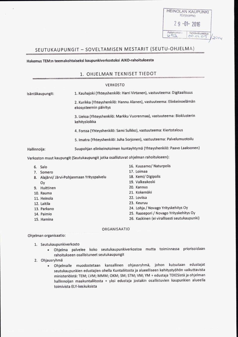 Kurikka (Yhteyshenkilö : Hannu Alanen ), vastuuteema : Elinkeinoelämän ekosysteemin päivitys 3. Lieksa (Yhteyshenkilö : Markku Vuorenmaa ), vastuuteema : Bioklusterin kehitysloikka 4.