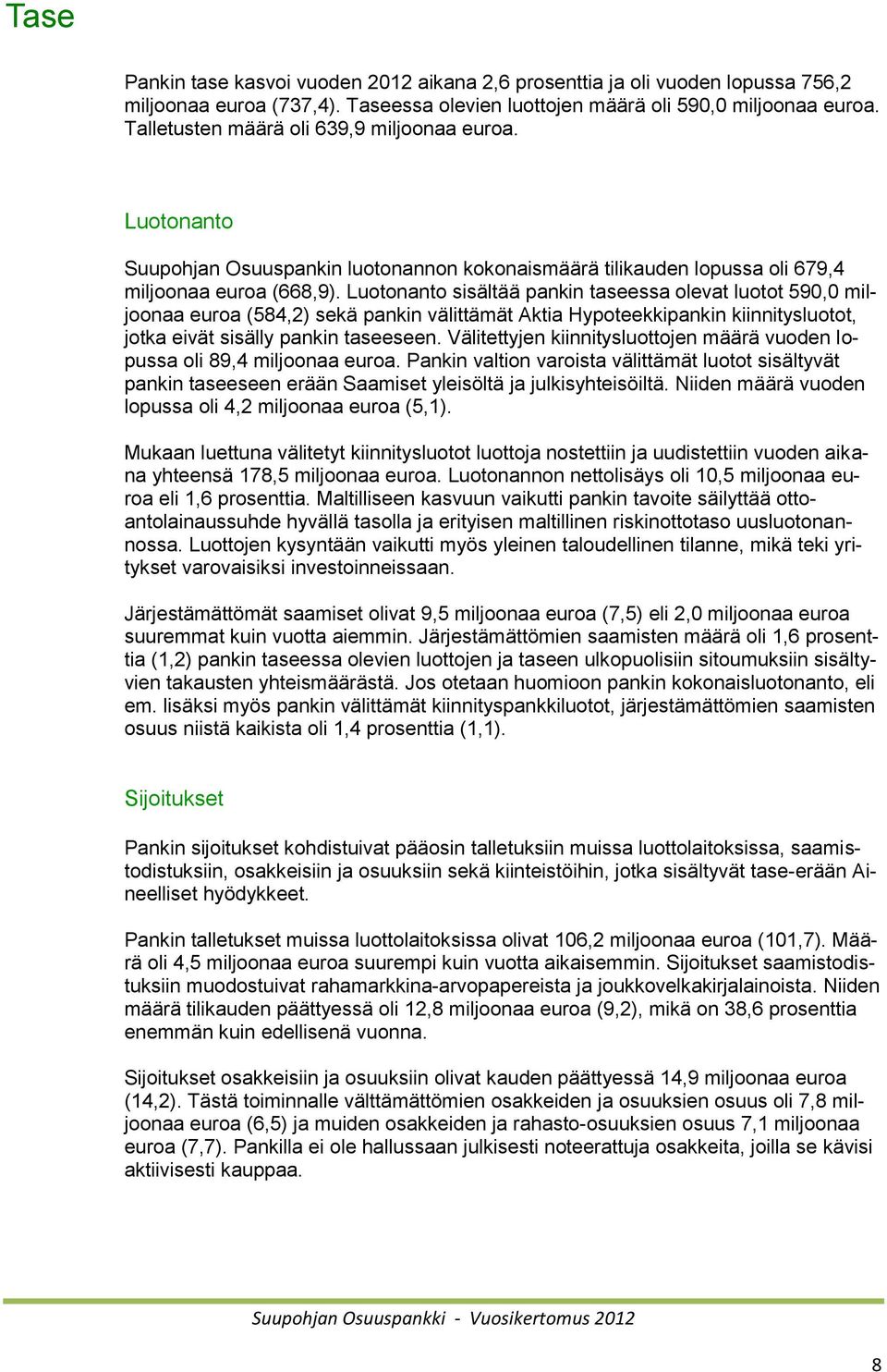 Luotonanto sisältää pankin taseessa olevat luotot 590,0 miljoonaa euroa (584,2) sekä pankin välittämät Aktia Hypoteekkipankin kiinnitysluotot, jotka eivät sisälly pankin taseeseen.