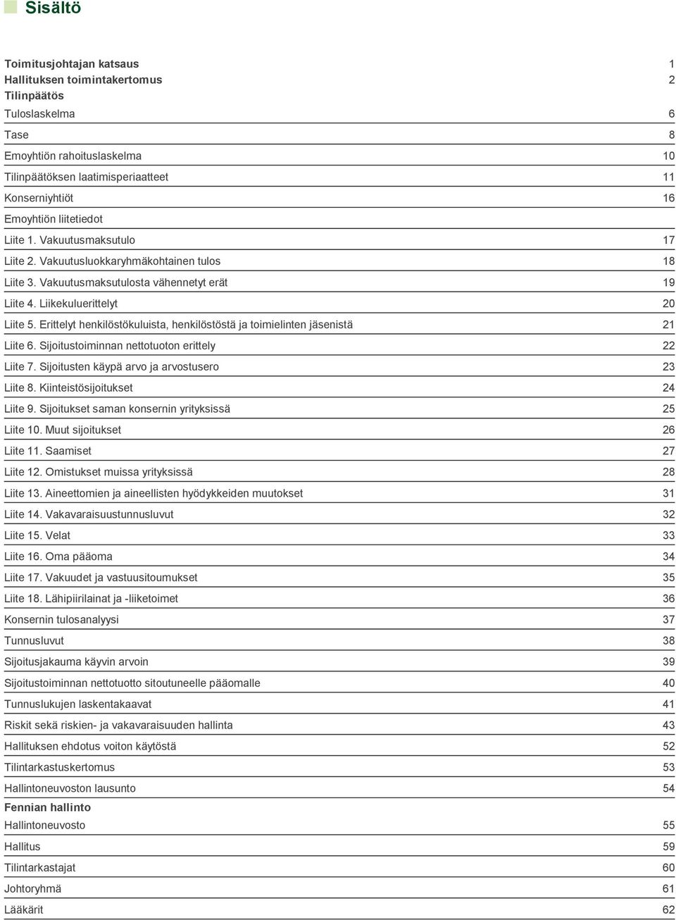 Erittelyt henkilöstökuluista, henkilöstöstä ja toimielinten jäsenistä Liite 6. Sijoitustoiminnan nettotuoton erittely Liite 7. Sijoitusten käypä arvo ja arvostusero Liite 8.