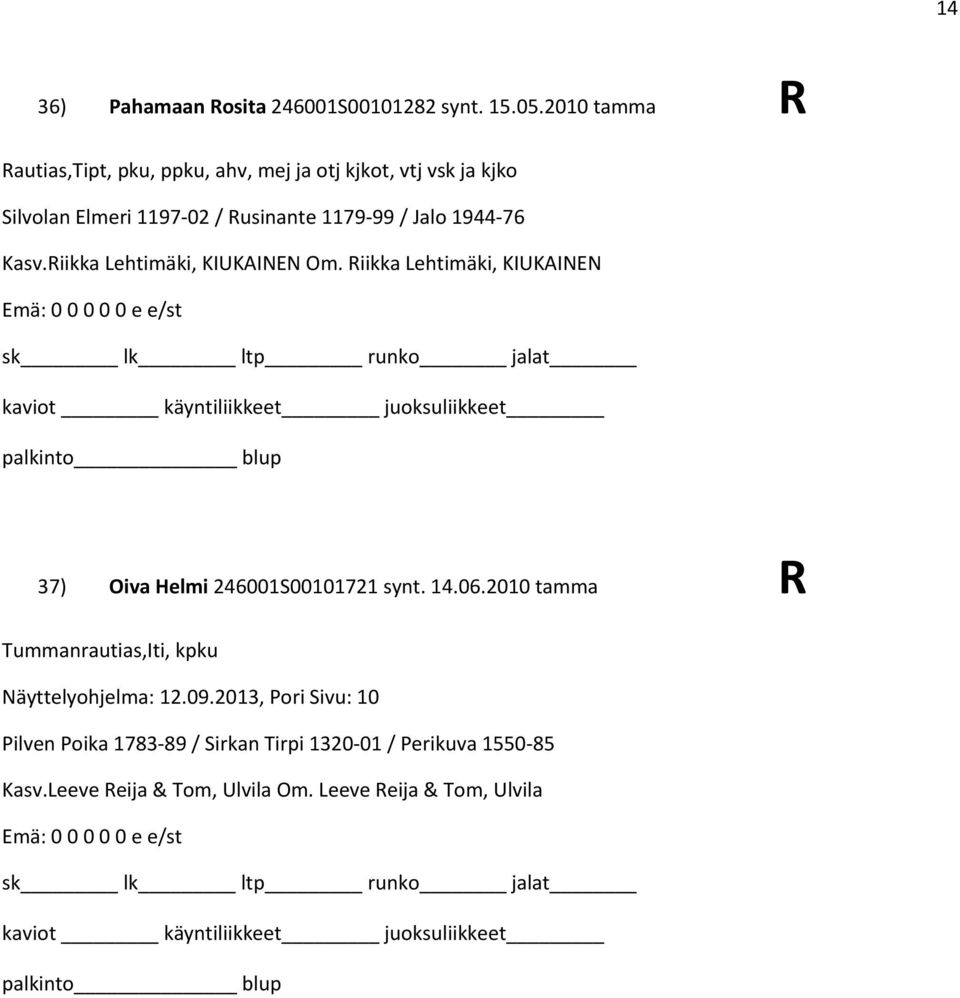 Jalo 1944 76 Kasv.Riikka Lehtimäki, KIUKAINEN Om. Riikka Lehtimäki, KIUKAINEN 37) Oiva Helmi 246001S00101721 synt. 14.06.