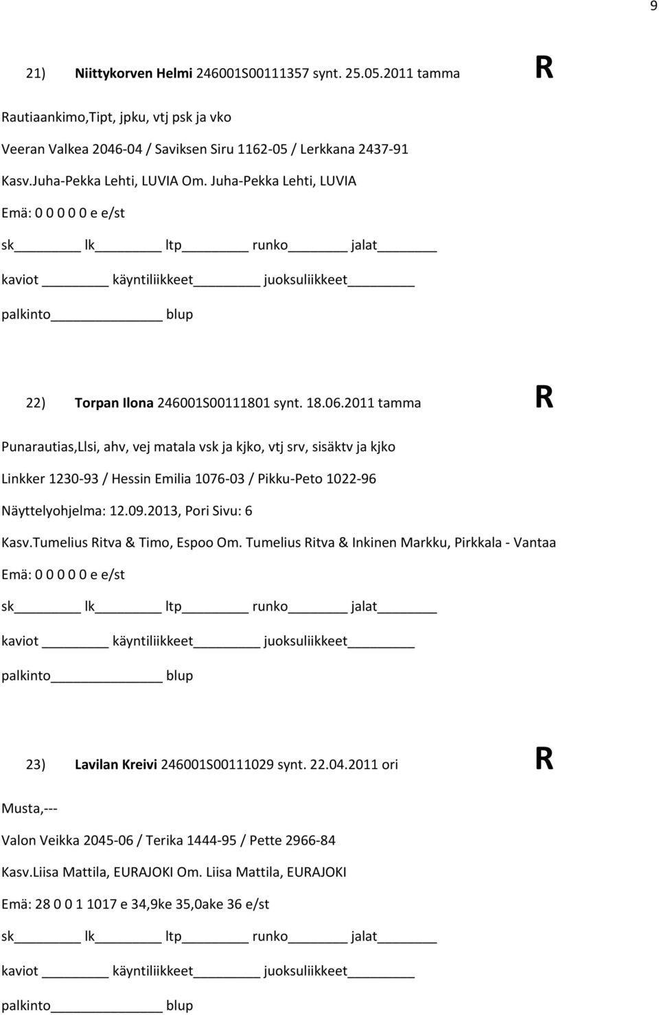 2011 tamma R Punarautias,Llsi, ahv, vej matala vsk ja kjko, vtj srv, sisäktv ja kjko Linkker 1230 93 / Hessin Emilia 1076 03 / Pikku Peto 1022 96 Näyttelyohjelma: 12.09.