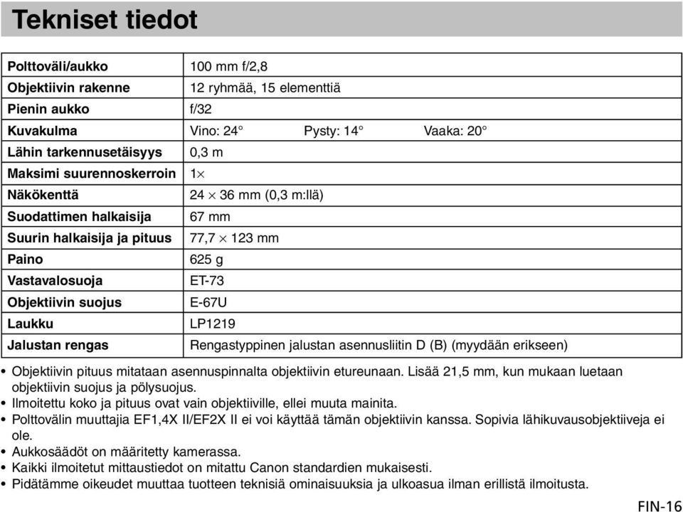 Rengastyppinen jalustan asennusliitin D (B) (myydään erikseen) Objektiivin pituus mitataan asennuspinnalta objektiivin etureunaan. Lisää 21,5 mm, kun mukaan luetaan objektiivin suojus ja pölysuojus.