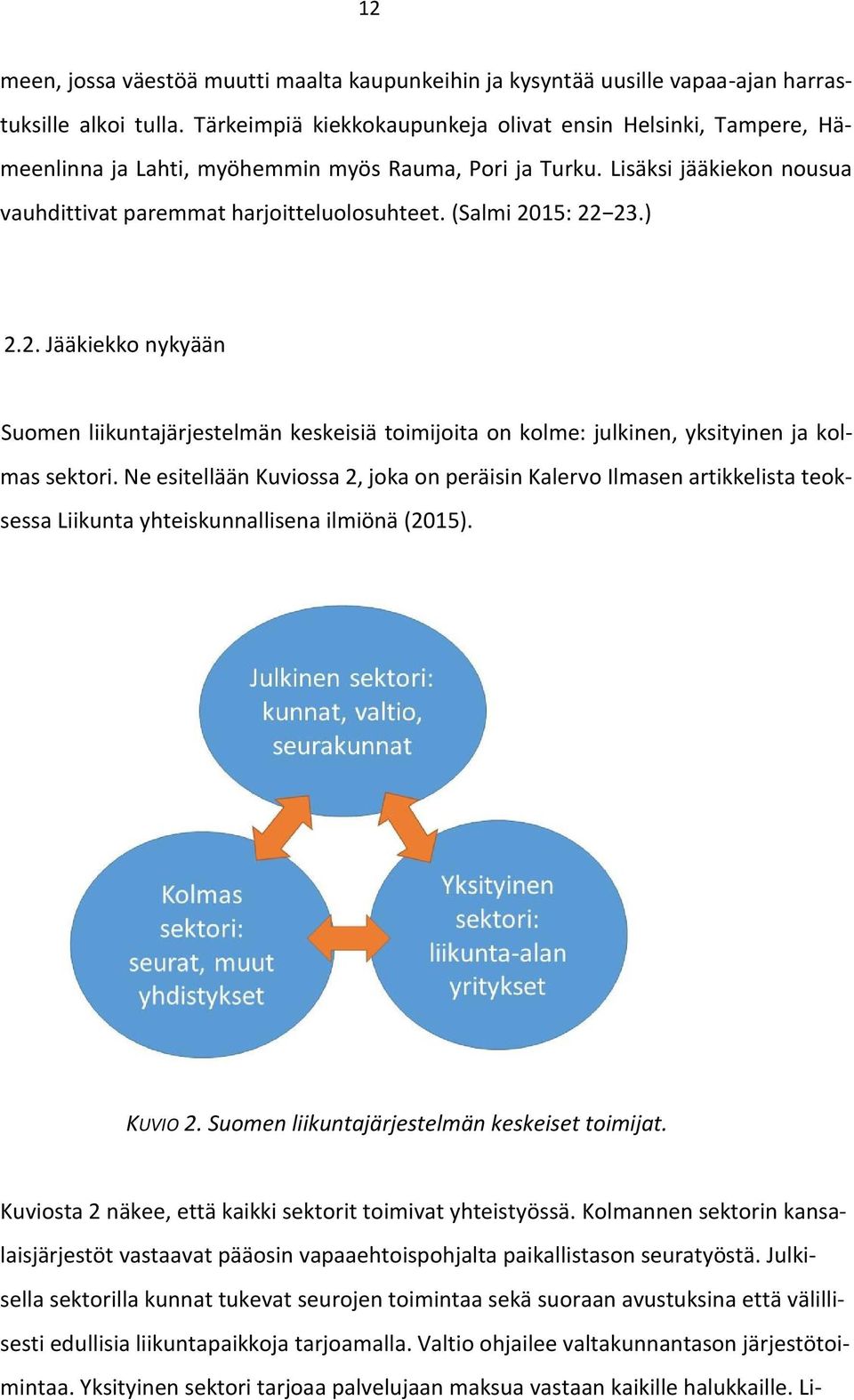 (Salmi 2015: 22 23.) 2.2. Jääkiekko nykyään Suomen liikuntajärjestelmän keskeisiä toimijoita on kolme: julkinen, yksityinen ja kolmas sektori.