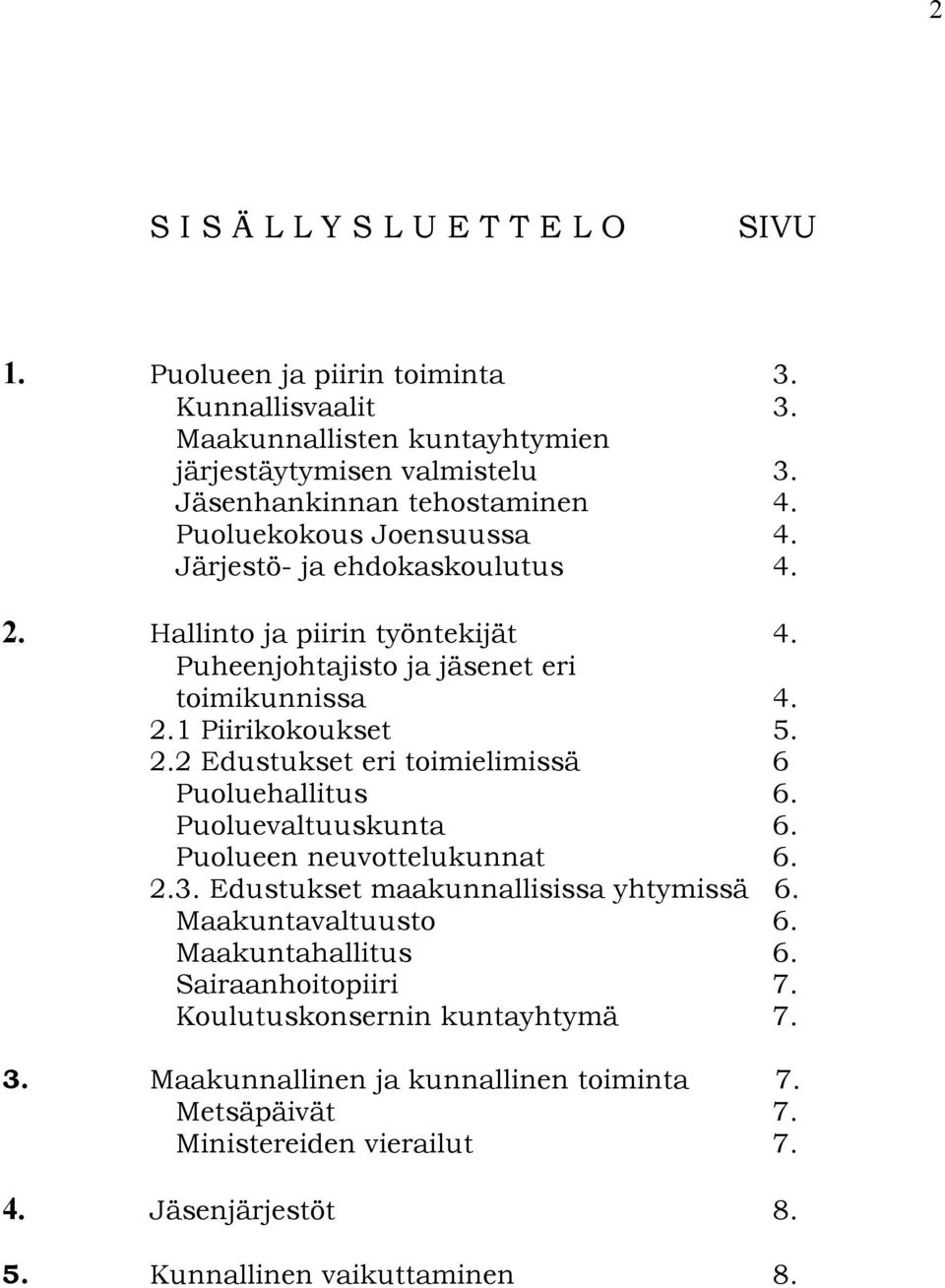 Puoluevaltuuskunta 6. Puolueen neuvottelukunnat 6. 2.3. Edustukset maakunnallisissa yhtymissä 6. Maakuntavaltuusto 6. Maakuntahallitus 6. Sairaanhoitopiiri 7.