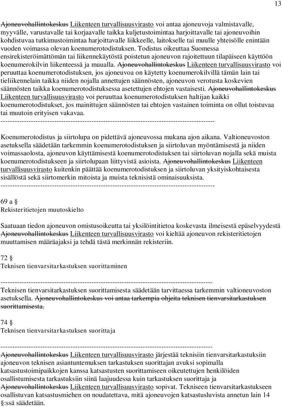 Todistus oikeuttaa Suomessa ensirekisteröimättömän tai liikennekäytöstä poistetun ajoneuvon rajoitettuun tilapäiseen käyttöön koenumerokilvin liikenteessä ja muualla.