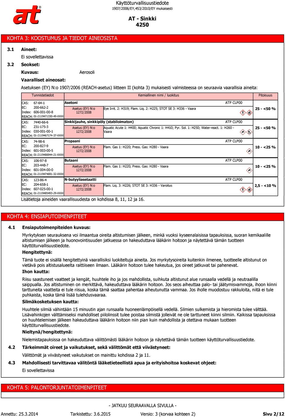 / luokitus Pitoisuus CAS: EC: Index: 67-64-1 200-662-2 606-001-00-8 REACH: 01-2119471330-49-XXXX CAS: 7440-66-6 EC: 231-175-3 Index: 030-001-00-1 REACH: 01-2119467174-37-XXXX CAS: EC: Index: 74-98-6