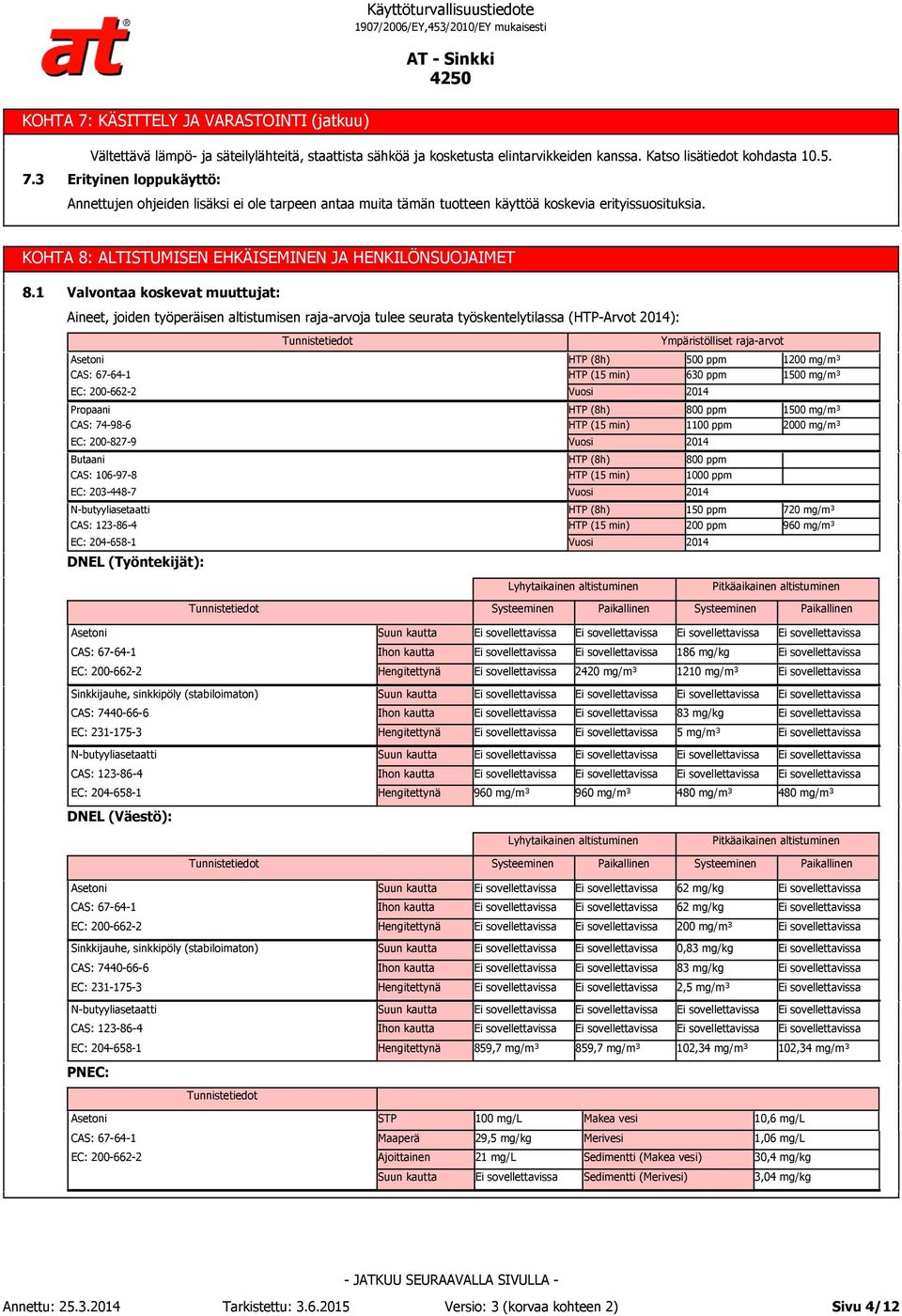 1 Valvontaa koskevat muuttujat: Aineet, joiden työperäisen altistumisen raja-arvoja tulee seurata työskentelytilassa (HTP-Arvot 2014): Ympäristölliset raja-arvot HTP (8h) HTP (15 min) 500 ppm 630 ppm