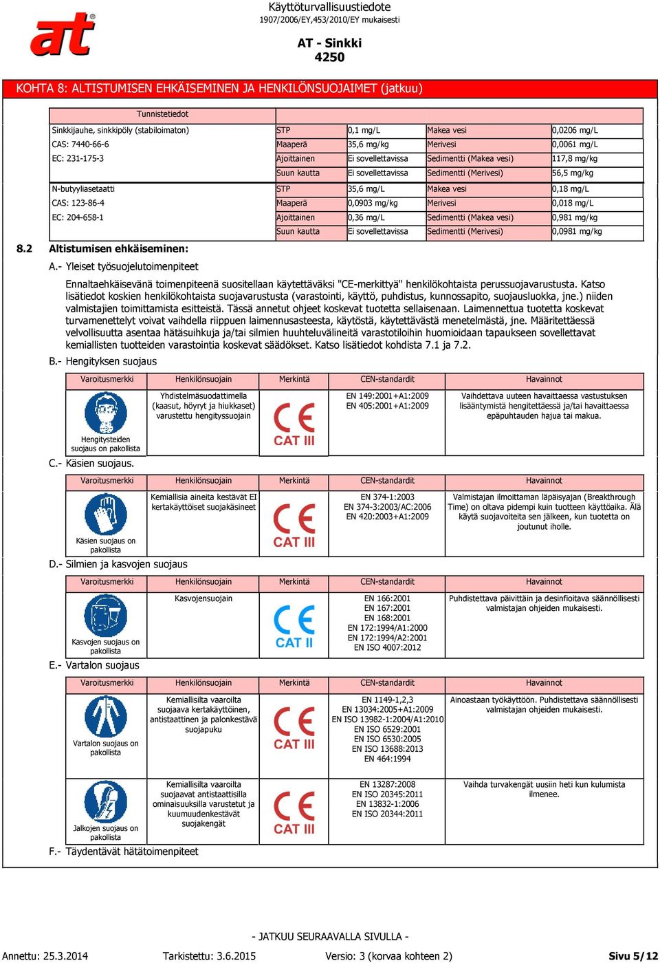 - Hengityksen suojaus STP Maaperä Ajoittainen STP Maaperä Ajoittainen 0,1 mg/l 35,6 mg/kg 35,6 mg/l 0,0903 mg/kg 0,36 mg/l Makea vesi Merivesi Sedimentti (Makea vesi) Sedimentti (Merivesi) Makea vesi