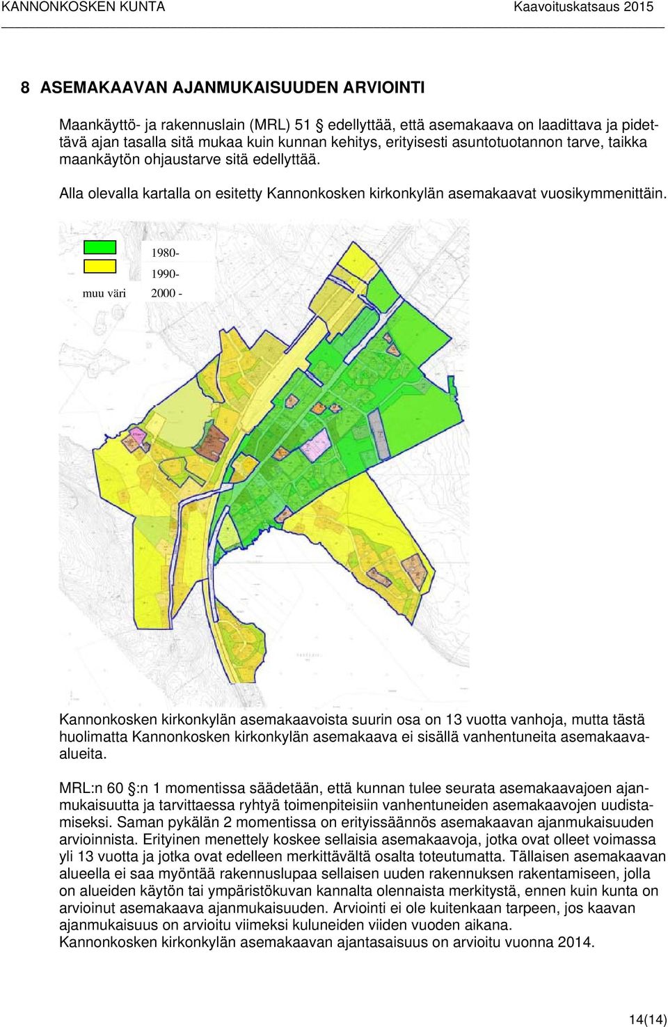 muu väri 1980-1990- 2000 - Kannonkosken kirkonkylän asemakaavoista suurin osa on 13 vuotta vanhoja, mutta tästä huolimatta Kannonkosken kirkonkylän asemakaava ei sisällä vanhentuneita