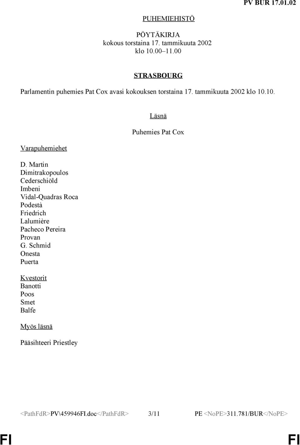 Martin Dimitrakopoulos Cederschiöld Imbeni Vidal-Quadras Roca Podestà Friedrich Lalumière Pacheco Pereira Provan G.