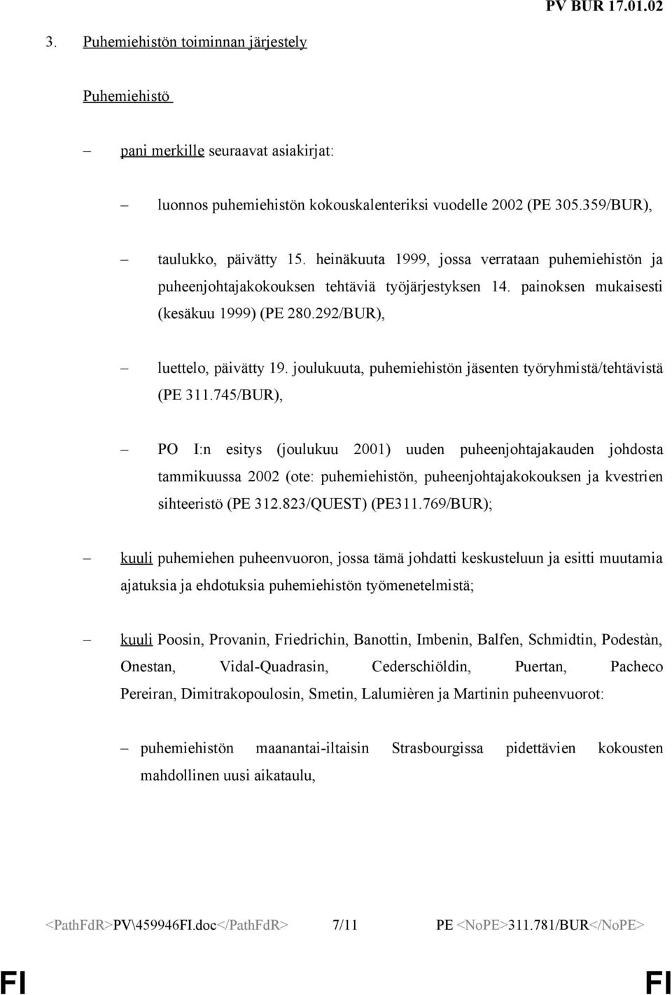 joulukuuta, puhemiehistön jäsenten työryhmistä/tehtävistä (PE 311.