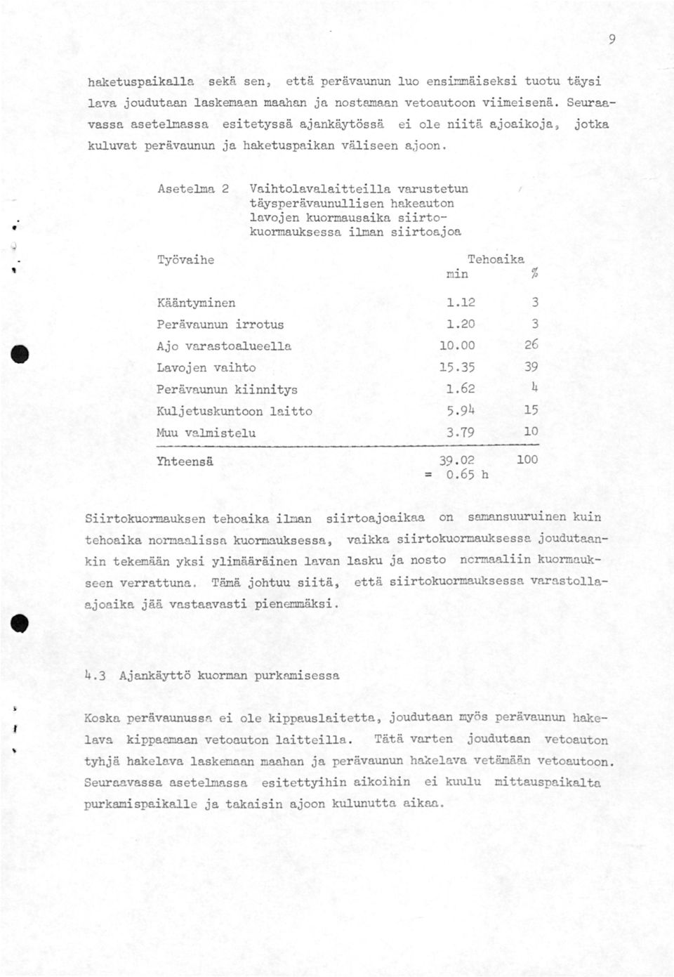 Asetelma 2 Työvaihe Vaihtolavalaitteilla varustetun täysperävaunullisen hakeauton lavojen kuormausaika siirtokuormauksessa ilman siirtoajoa Tehoaika mn % Kääntyminen.2 3 Perävaunun irrotus.