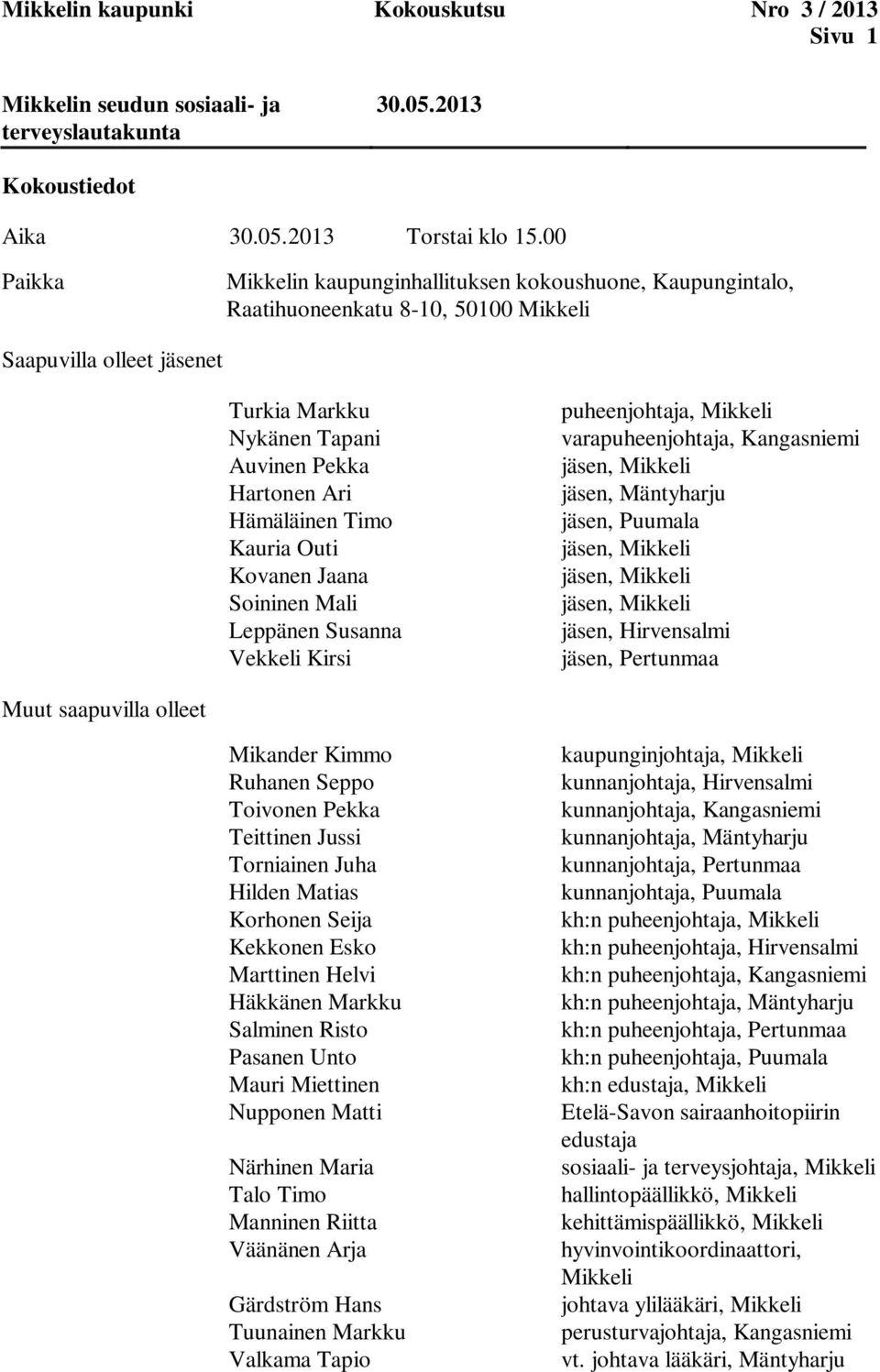 Timo Kauria Outi Kovanen Jaana Soininen Mali Leppänen Susanna Vekkeli Kirsi puheenjohtaja, Mikkeli varapuheenjohtaja, Kangasniemi jäsen, Mikkeli jäsen, Mäntyharju jäsen, Puumala jäsen, Mikkeli jäsen,