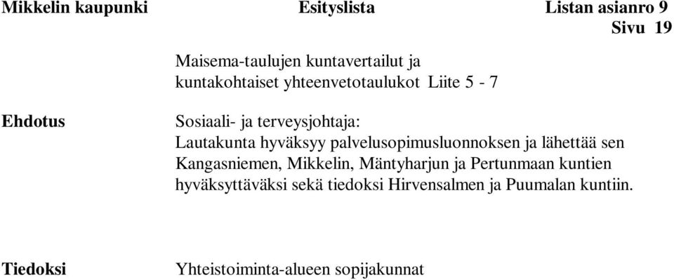 hyväksyy palvelusopimusluonnoksen ja lähettää sen Kangasniemen, Mikkelin, Mäntyharjun ja Pertunmaan