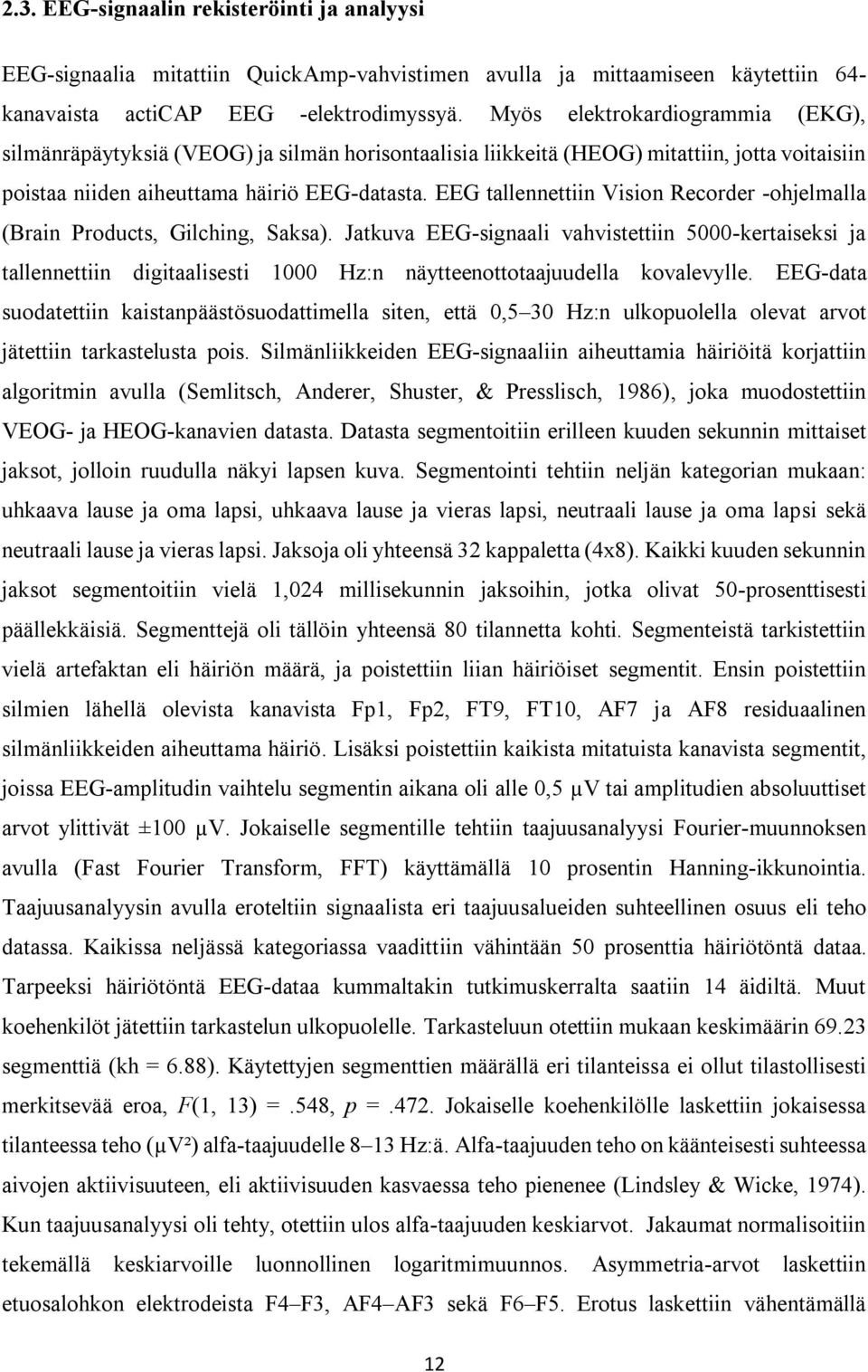 EEG tallennettiin Vision Recorder -ohjelmalla (Brain Products, Gilching, Saksa).