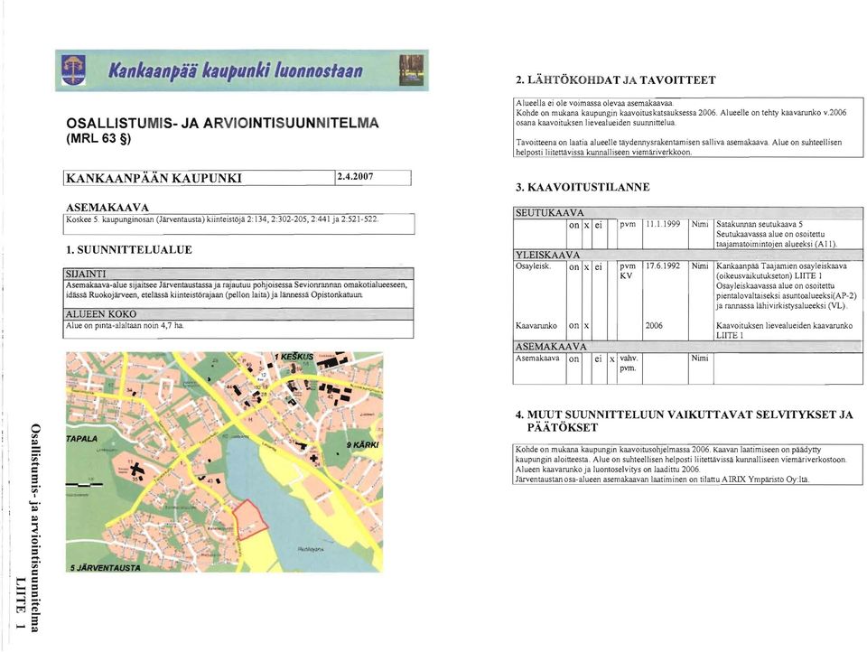 Tavoitteena on laatia alueelle taydennysrakentamisen salliva asemakaava. Alue on suhteellisen helposti liitettavissa kunnalliseen viemariverkkoon. IKANKAANPÄÄN KAUPUNKI 1_2._4.2_00_7_------.J 3.