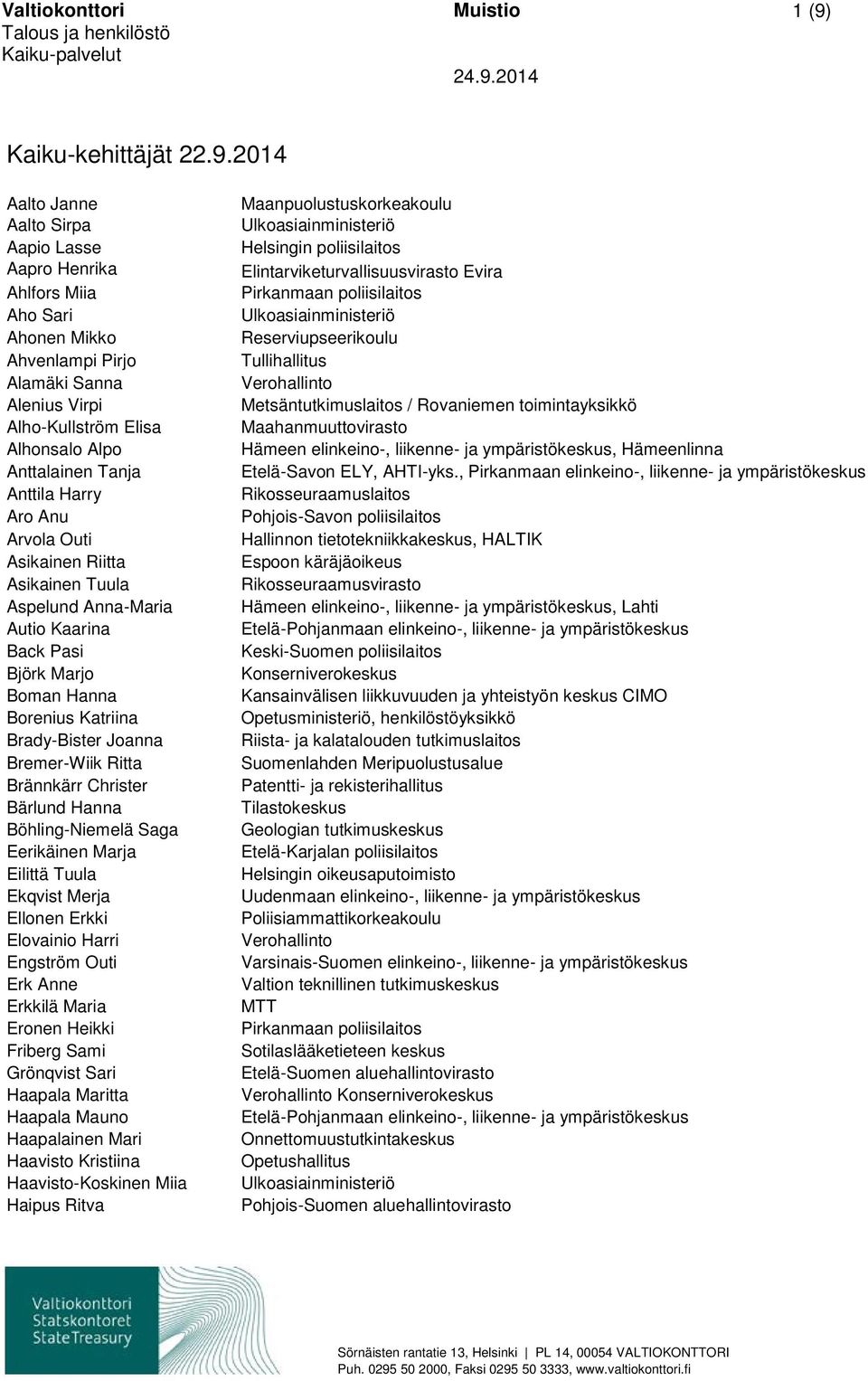 2014 Aalto Janne Aalto Sirpa Aapio Lasse Aapro Henrika Ahlfors Miia Aho Sari Ahonen Mikko Ahvenlampi Pirjo Alamäki Sanna Alenius Virpi Alho-Kullström Elisa Alhonsalo Alpo Anttalainen Tanja Anttila
