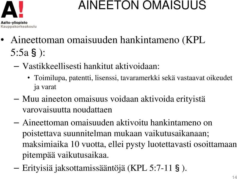 varovaisuutta noudattaen Aineettoman omaisuuden aktivoitu hankintameno on poistettava suunnitelman mukaan