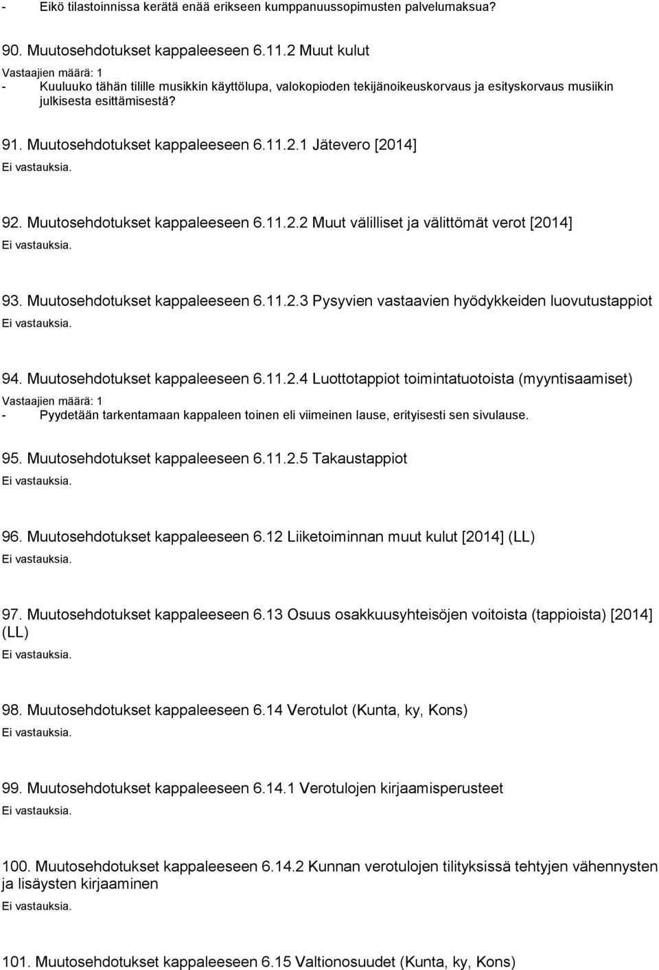 Muutosehdotukset kappaleeseen 6.11.2.2 Muut välilliset ja välittömät verot [2014] 93. Muutosehdotukset kappaleeseen 6.11.2.3 Pysyvien vastaavien hyödykkeiden luovutustappiot 94.