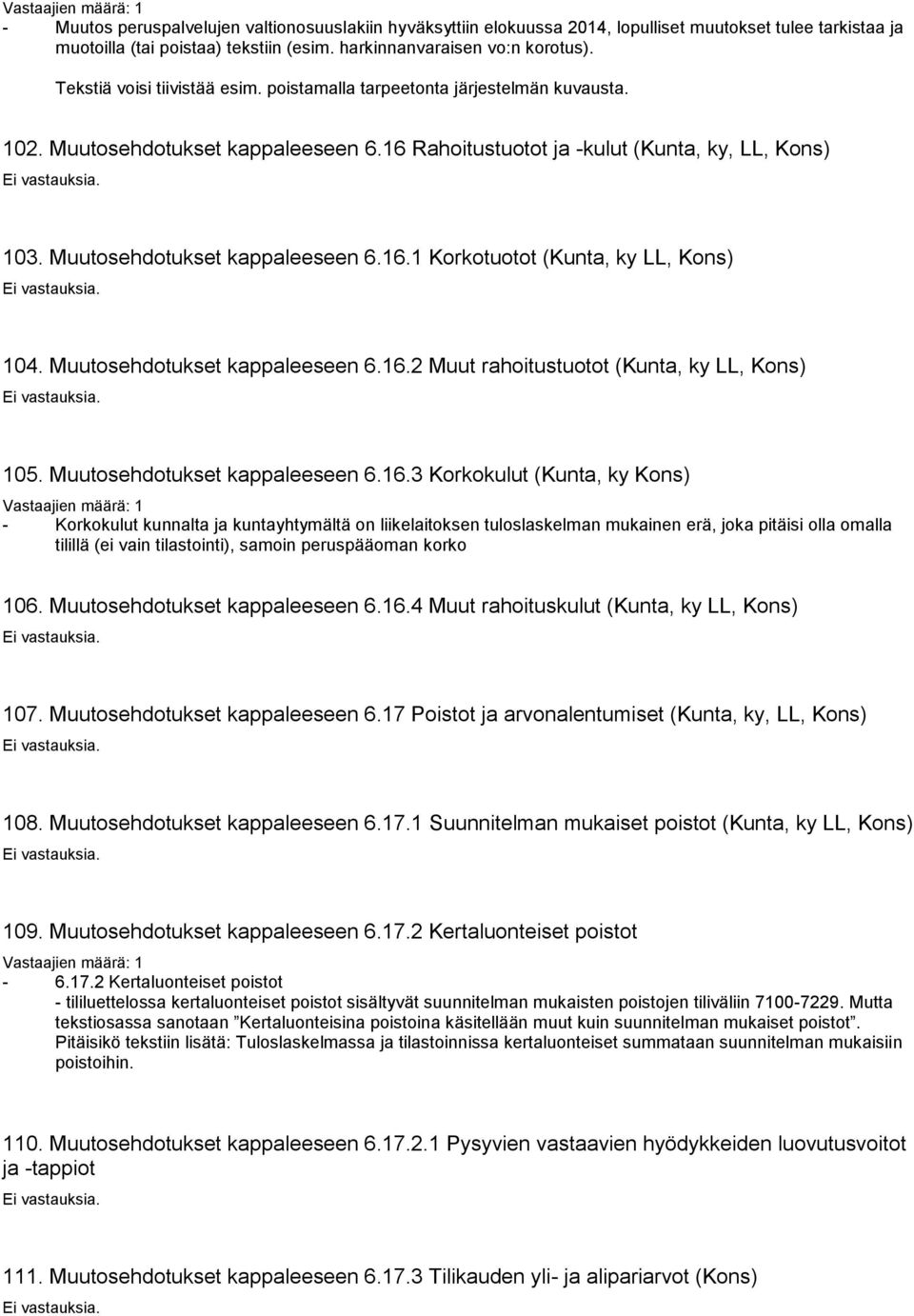 Muutosehdotukset kappaleeseen 6.16.