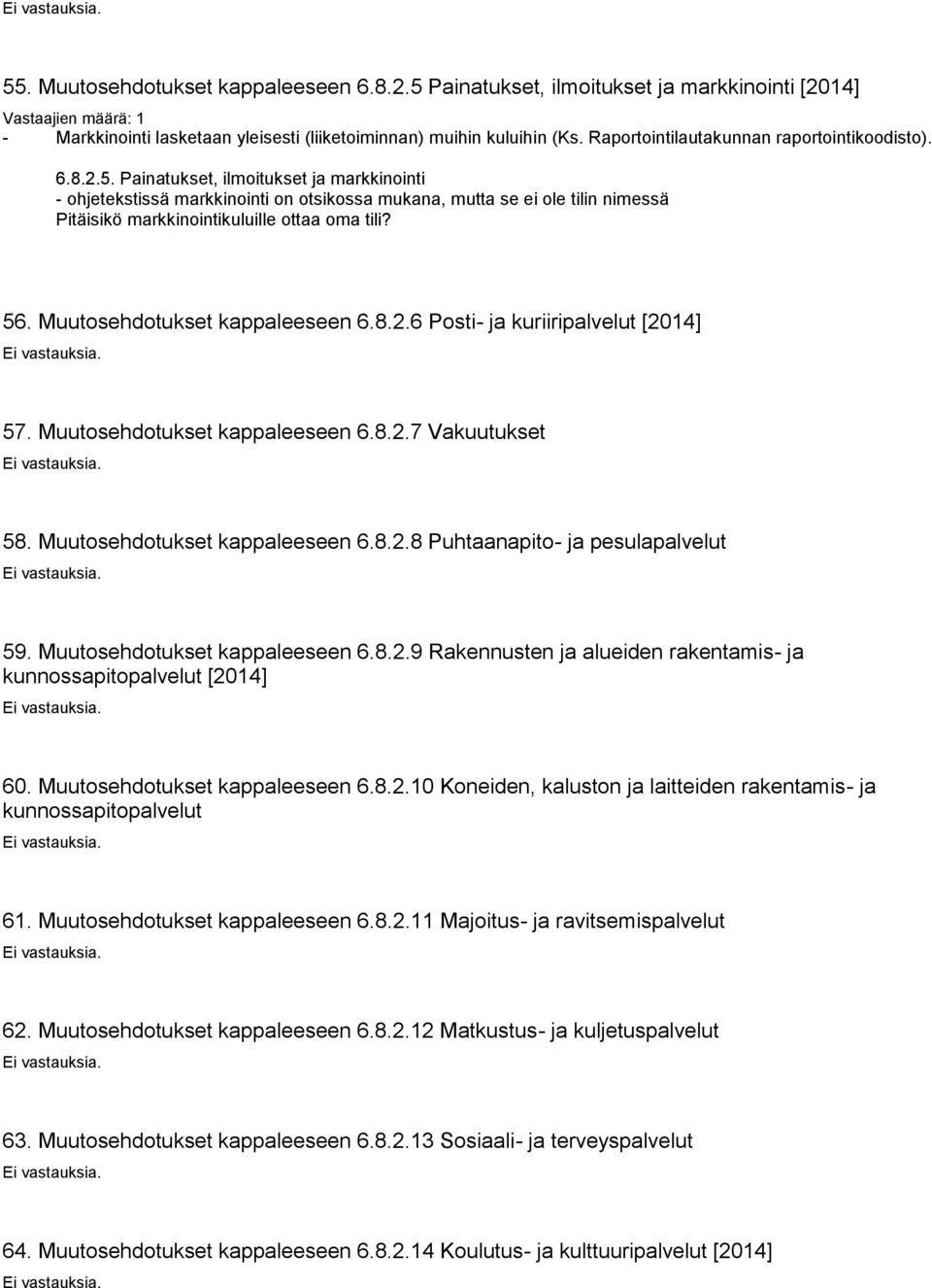 Painatukset, ilmoitukset ja markkinointi - ohjetekstissä markkinointi on otsikossa mukana, mutta se ei ole tilin nimessä Pitäisikö markkinointikuluille ottaa oma tili? 56.