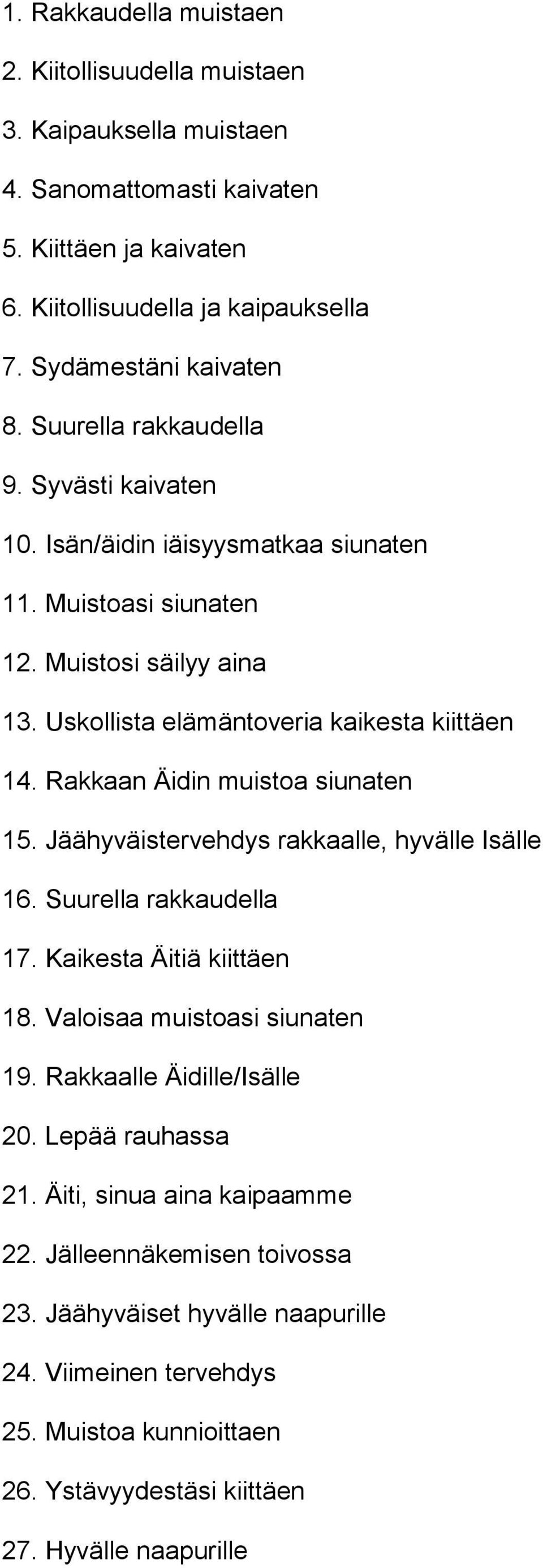 Rakkaan Äidin muistoa siunaten 15. Jäähyväistervehdys rakkaalle, hyvälle Isälle 16. Suurella rakkaudella 17. Kaikesta Äitiä kiittäen 18. Valoisaa muistoasi siunaten 19.