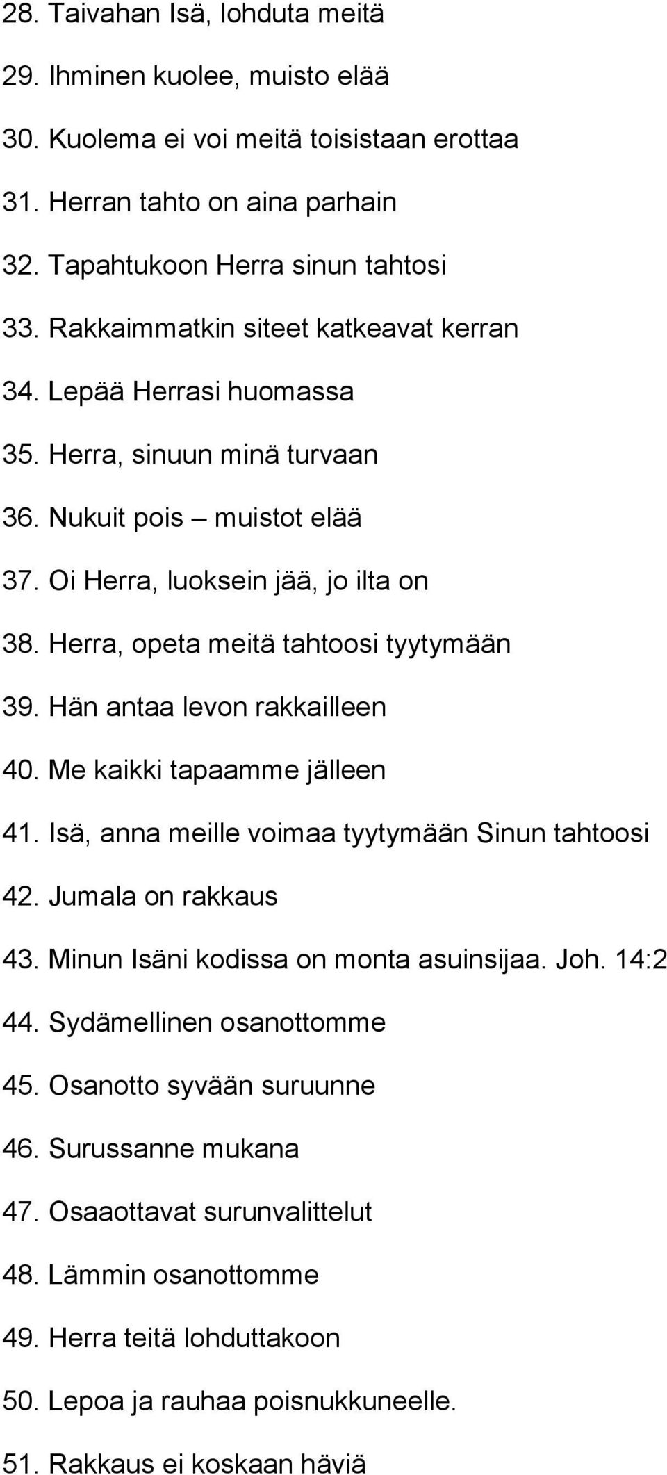 Herra, opeta meitä tahtoosi tyytymään 39. Hän antaa levon rakkailleen 40. Me kaikki tapaamme jälleen 41. Isä, anna meille voimaa tyytymään Sinun tahtoosi 42. Jumala on rakkaus 43.